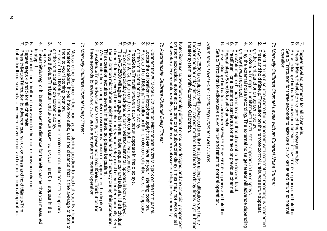 Parasound AVC-2500 Setup Menu Level Four Calibrating Channel Delay Times, To Automatically Calibrate Channel Delay Times 