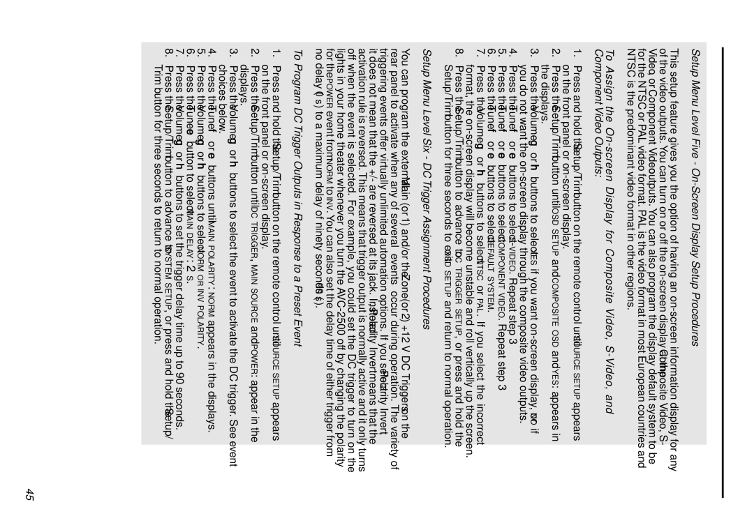 Parasound AVC-2500 owner manual Setup Menu Level Five On-Screen Display Setup Procedures 