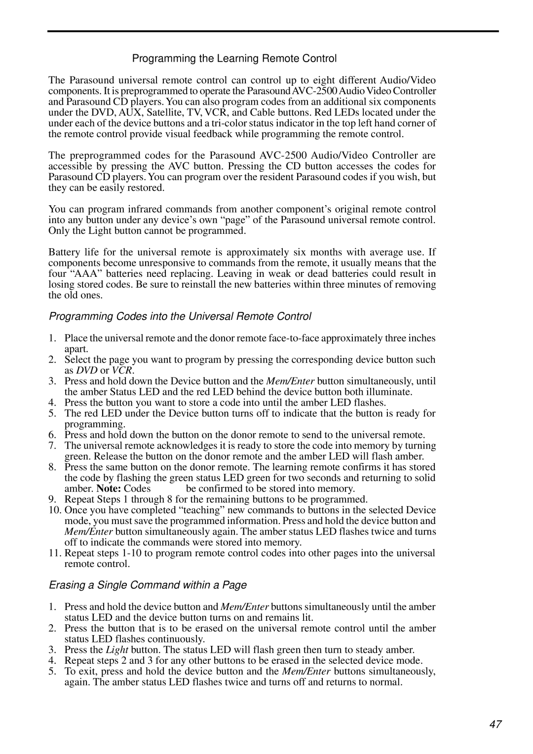 Parasound AVC-2500 Programming the Learning Remote Control, Programming Codes into the Universal Remote Control 