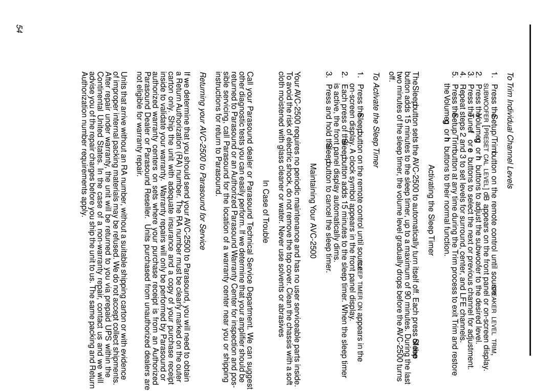 Parasound AVC-2500 owner manual To Trim Individual Channel Levels, To Activate the Sleep Timer 