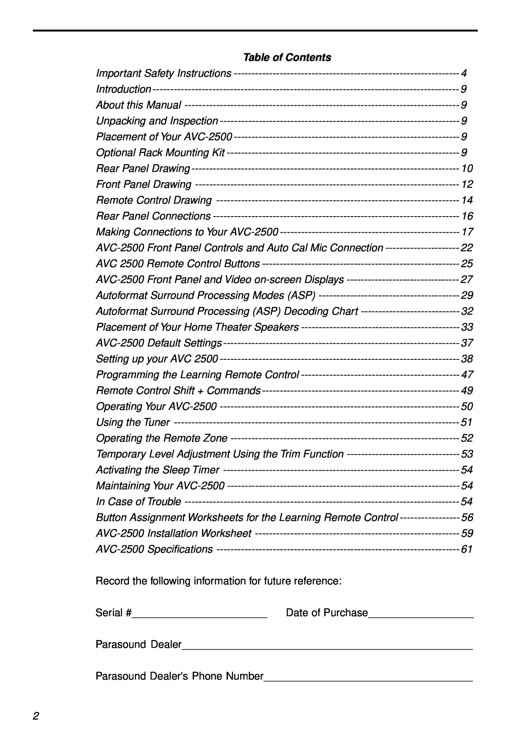 Parasound AVC-2500 owner manual Table of Contents 