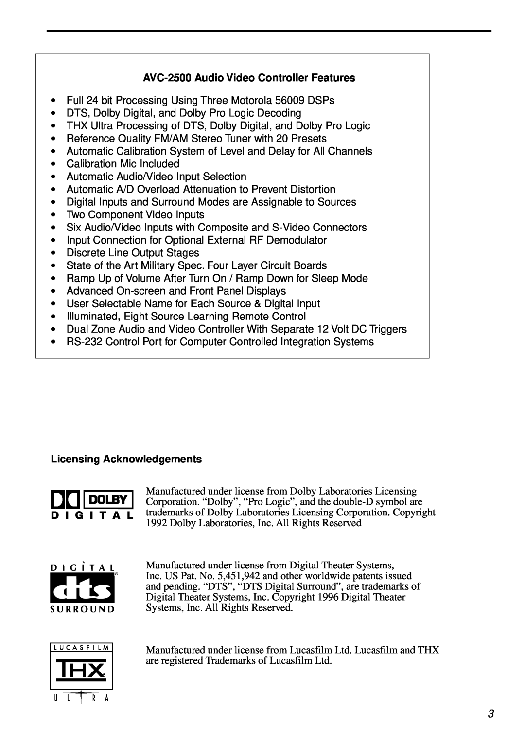 Parasound owner manual AVC-2500Audio Video Controller Features, Licensing Acknowledgements 