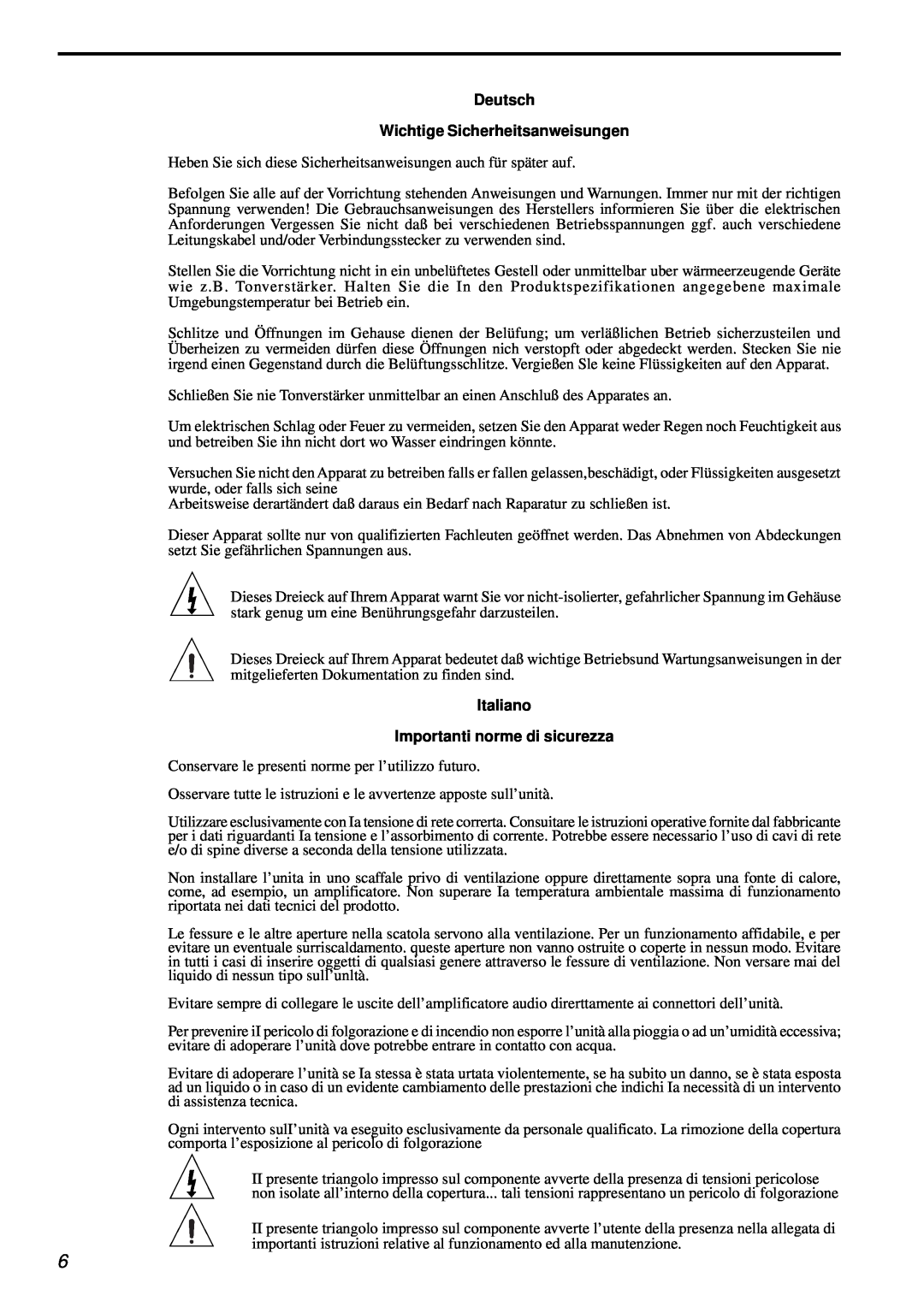 Parasound AVC-2500 owner manual Deutsch Wichtige Sicherheitsanweisungen, Italiano Importanti norme di sicurezza 