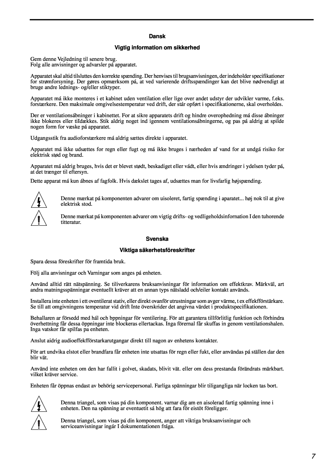 Parasound AVC-2500 owner manual Dansk Vigtig information om sikkerhed, Svenska Viktiga säkerhetsföreskrifter 