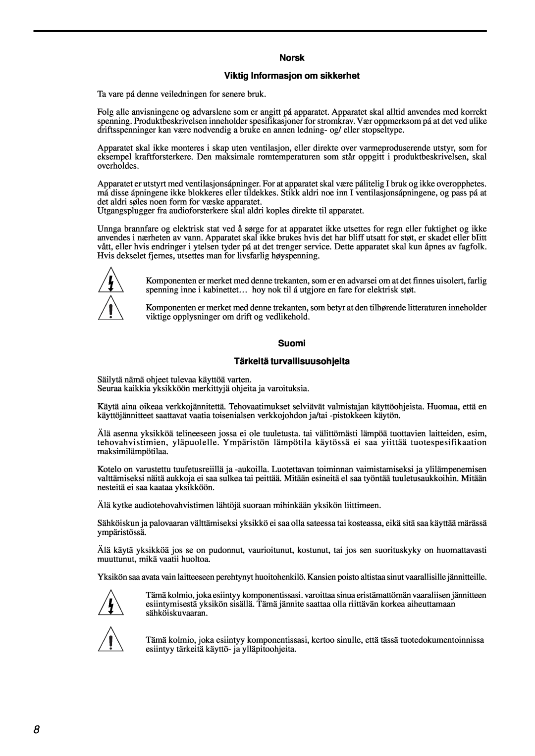 Parasound AVC-2500 owner manual Norsk Viktig Informasjon om sikkerhet, Suomi Tärkeitä turvallisuusohjeita 