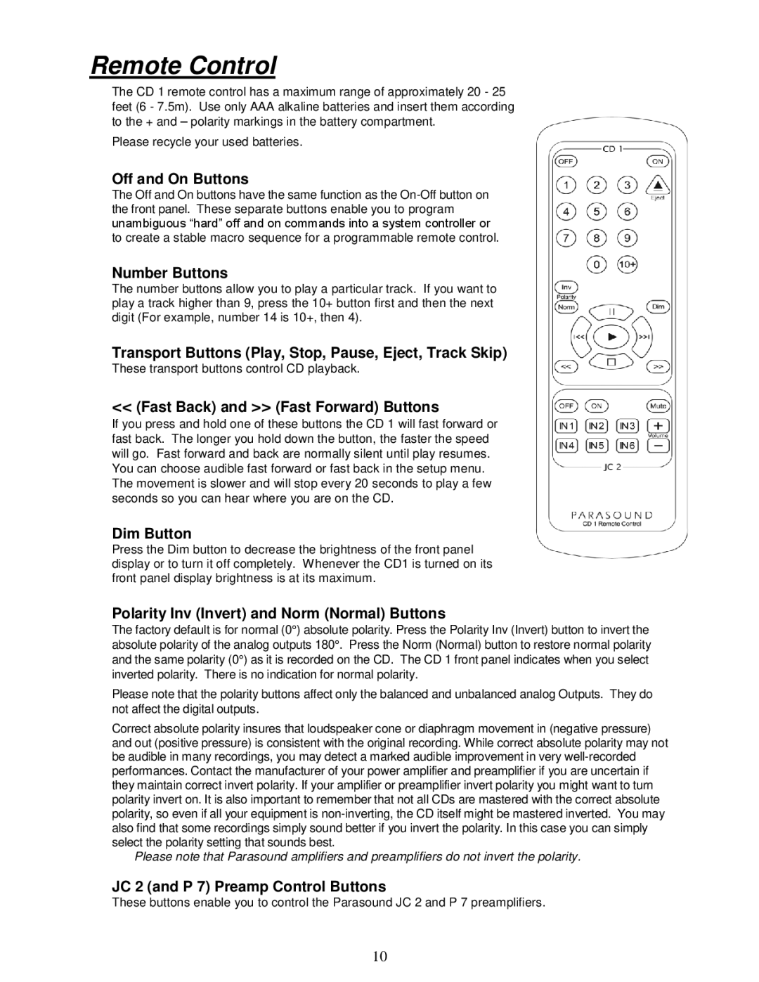 Parasound CD 1 manual Remote Control, Off and On Buttons 