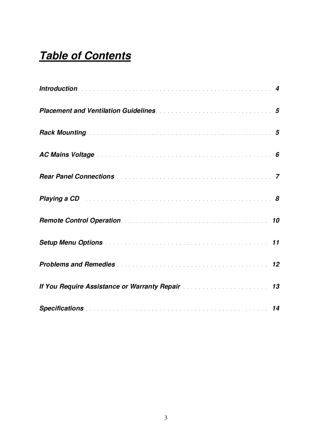 Parasound CD 1 manual Table of Contents 