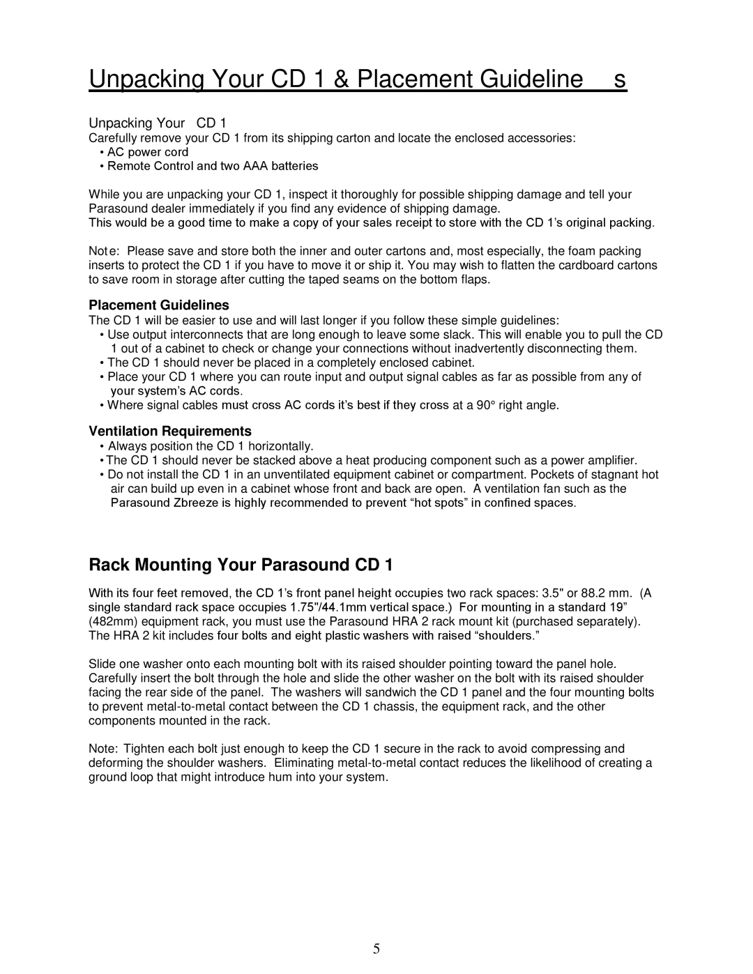 Parasound manual Unpacking Your CD 1 & Placement Guidelines, Ventilation Requirements 