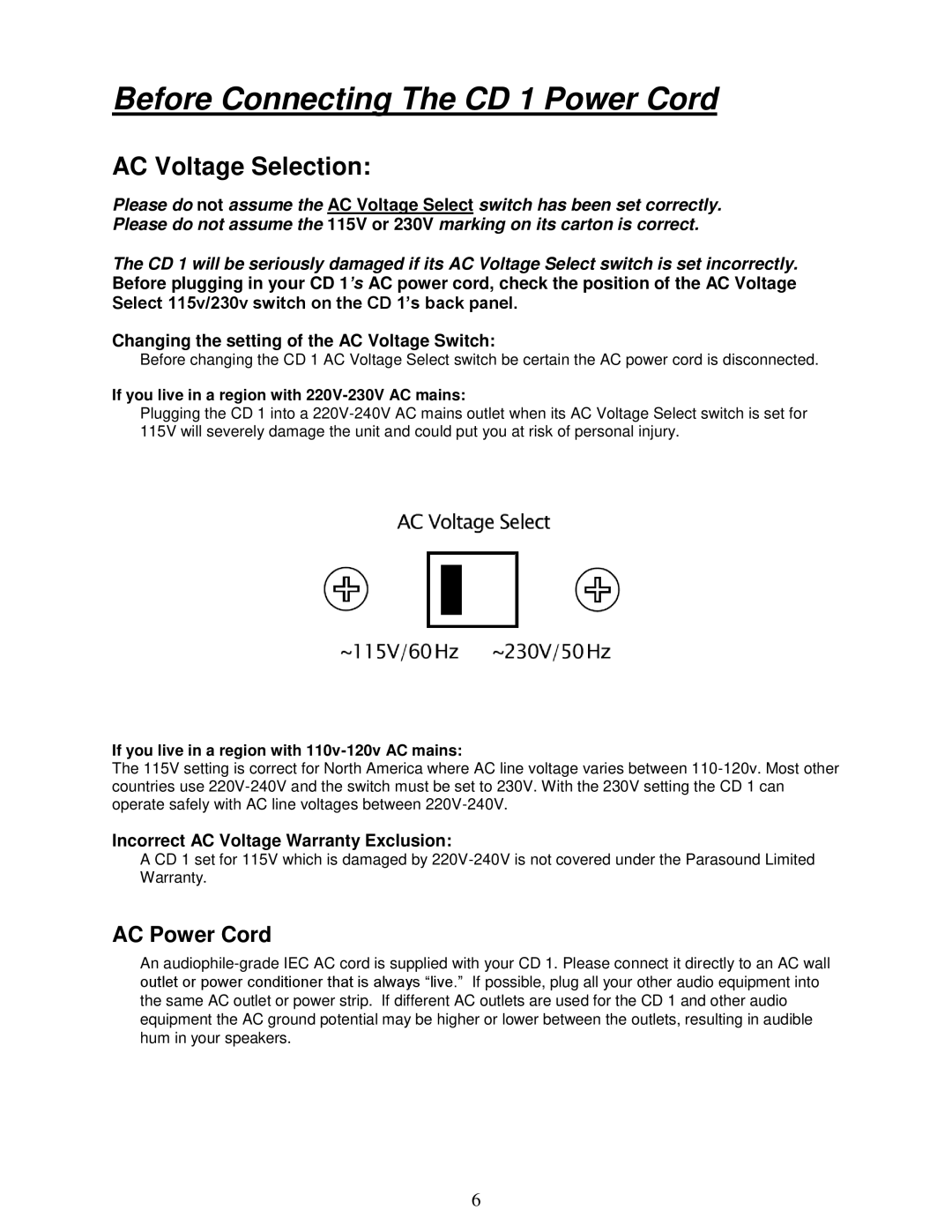 Parasound manual Before Connecting The CD 1 Power Cord, Changing the setting of the AC Voltage Switch 