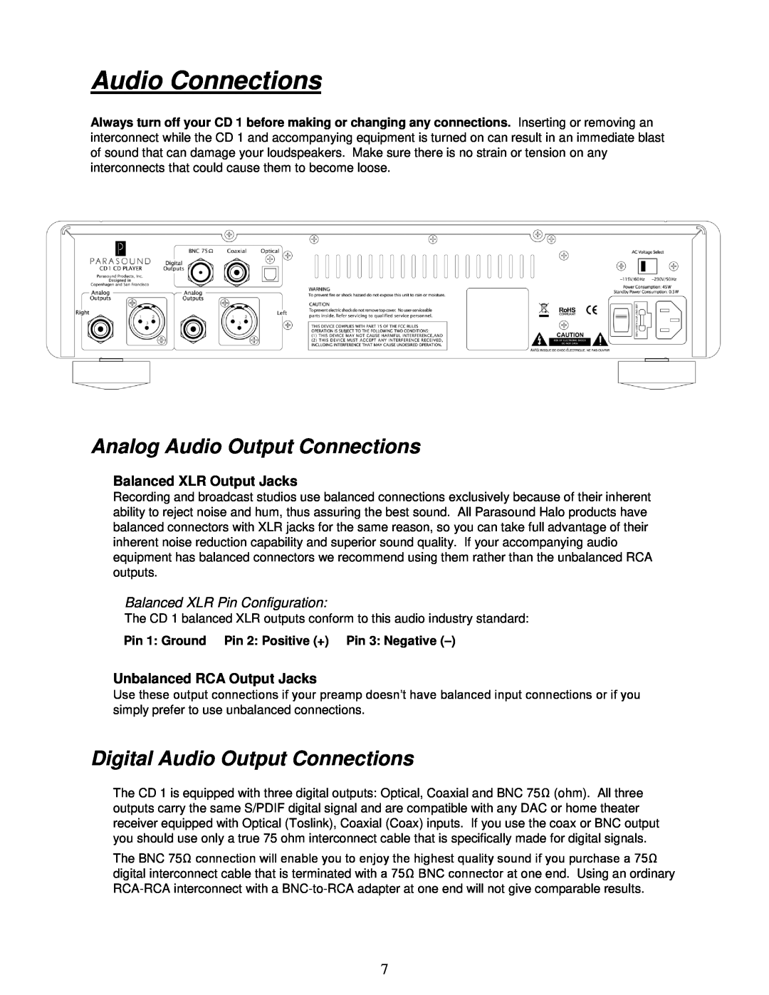 Parasound CD 1 manual Audio Connections, Analog Audio Output Connections, Digital Audio Output Connections 
