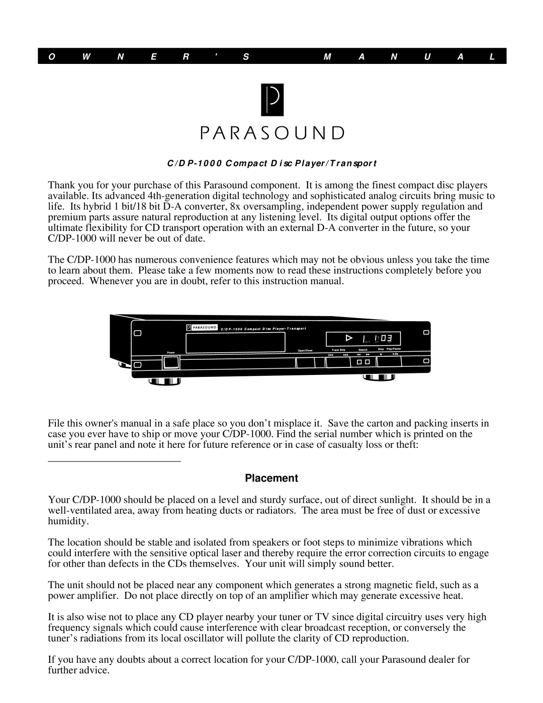 Parasound C/DP-1000 owner manual N U a L, Placement 