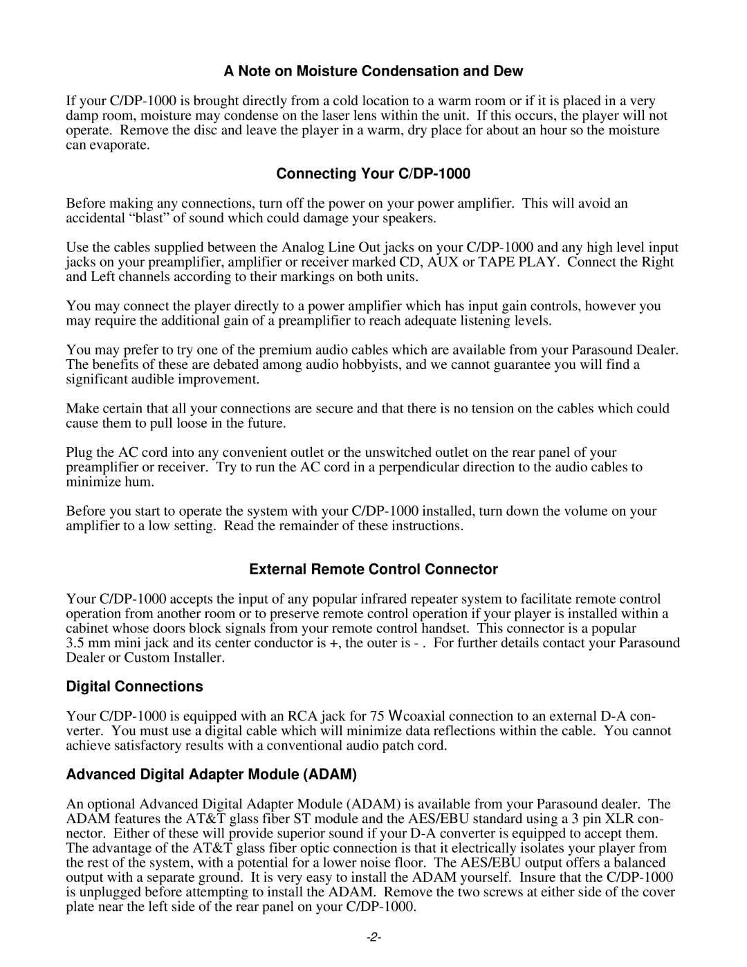 Parasound owner manual Connecting Your C/DP-1000, External Remote Control Connector, Digital Connections 