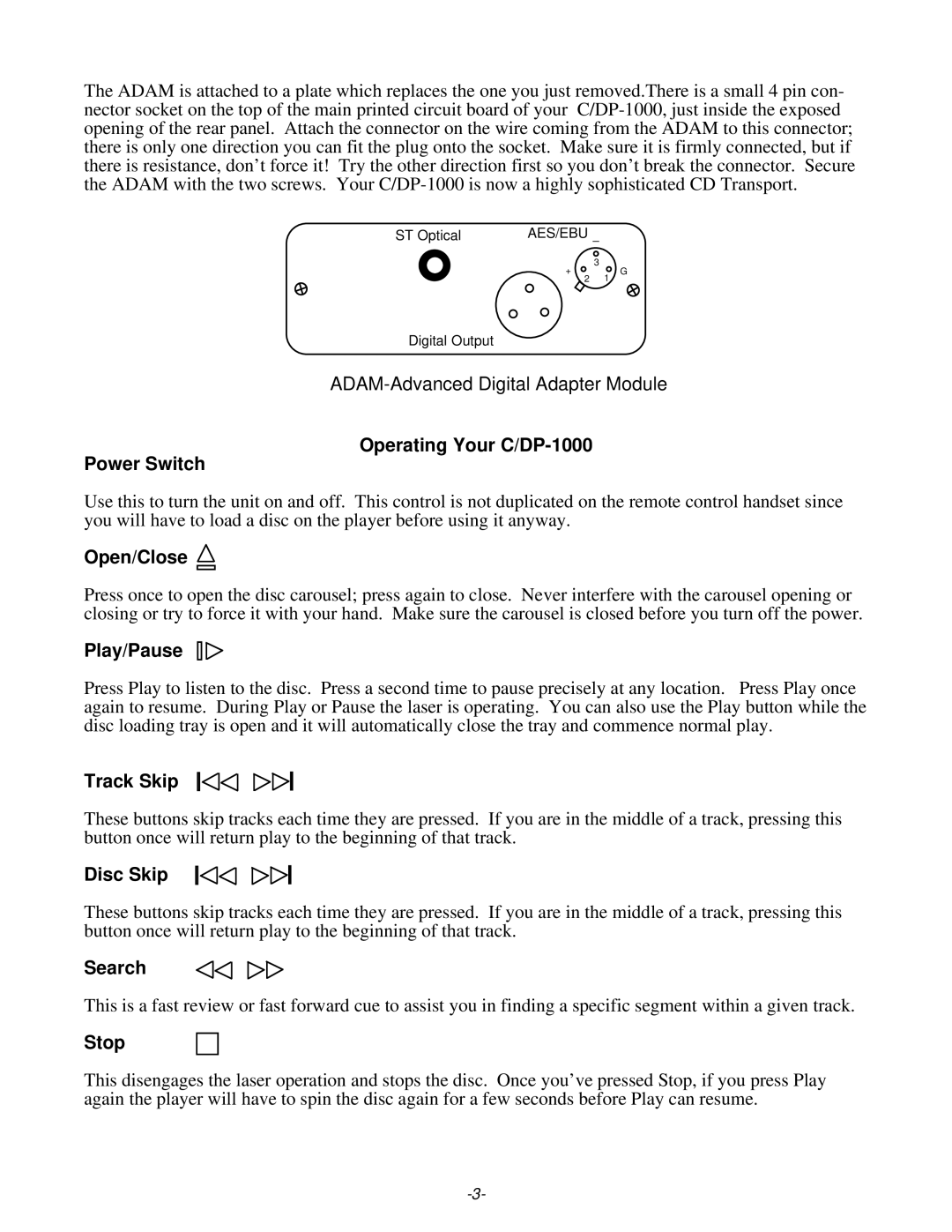 Parasound Operating Your C/DP-1000 Power Switch, Open/Close, Play/Pause, Track Skip, Disc Skip, Search, Stop 