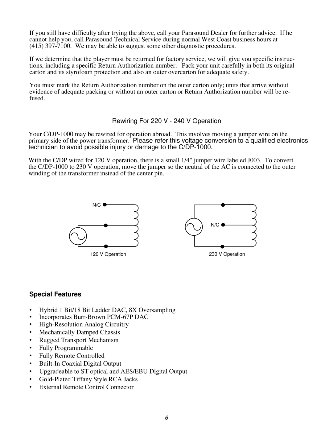 Parasound C/DP-1000 owner manual Rewiring For 220 V 240 V Operation, Special Features 