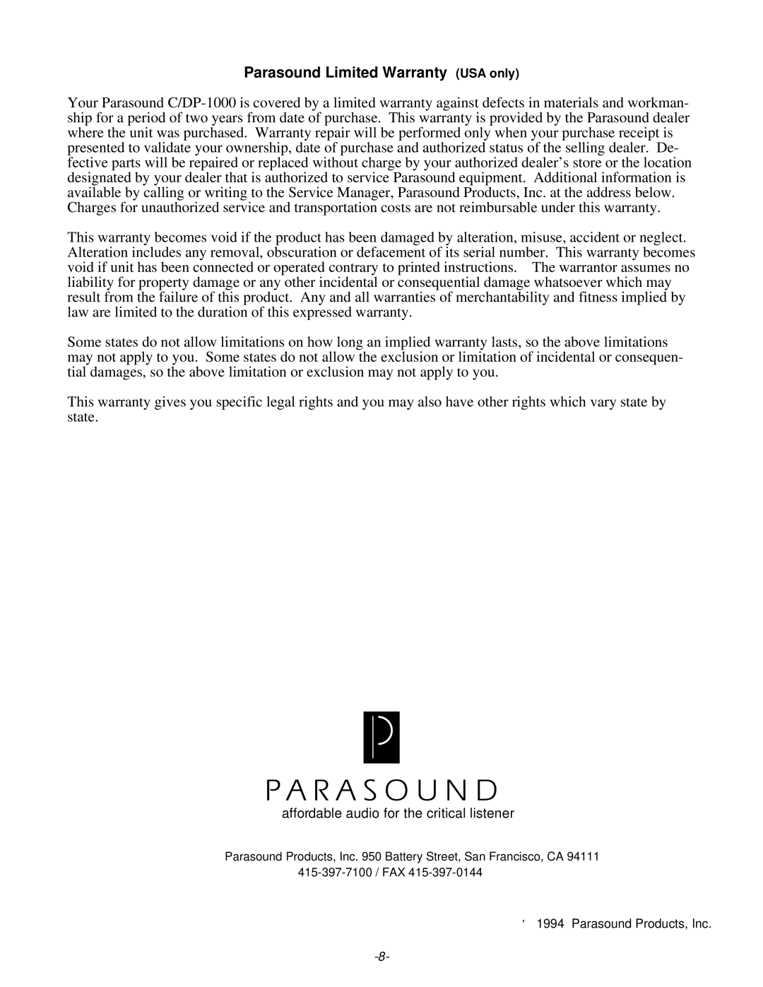 Parasound C/DP-1000 owner manual Parasound Limited Warranty USA only 