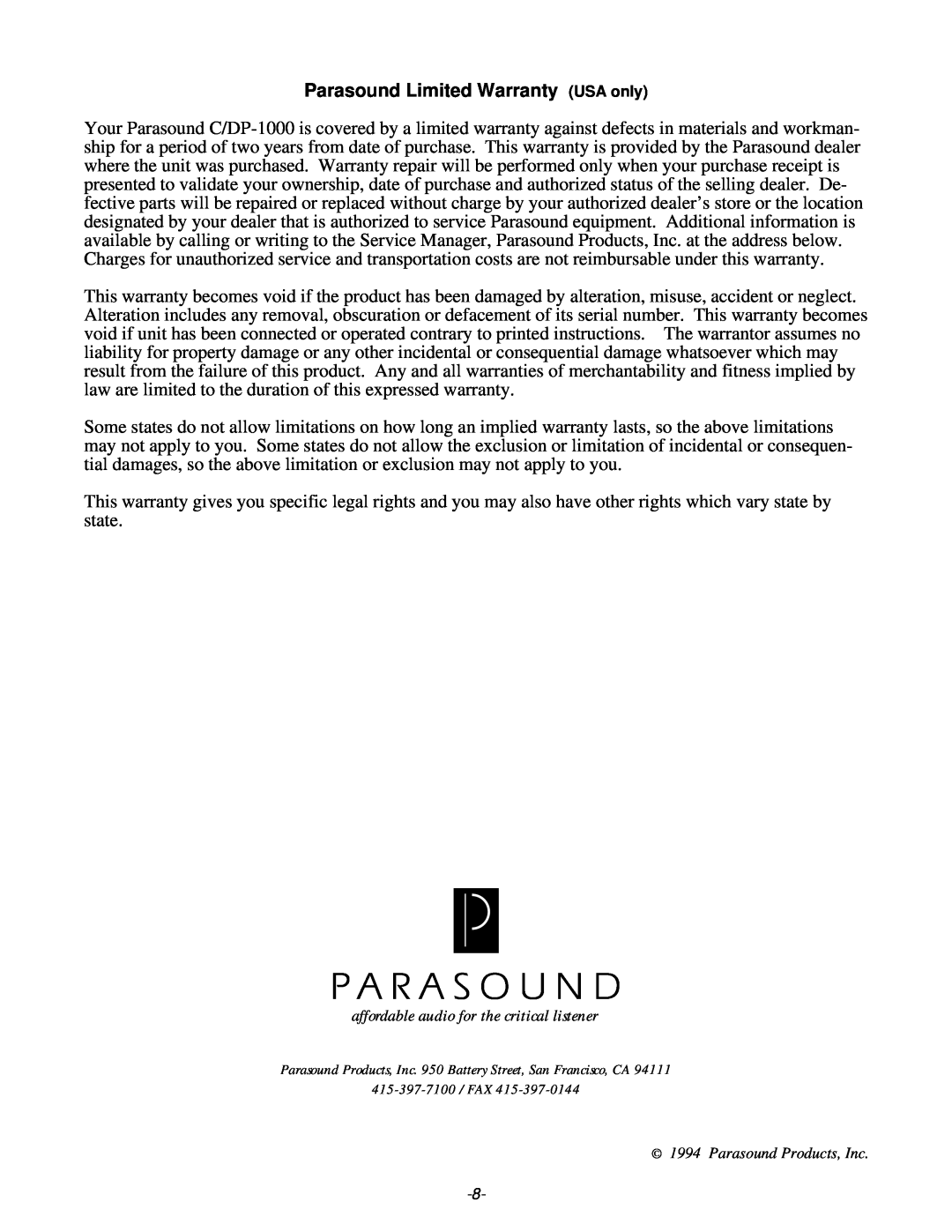 Parasound C/DP-1000 owner manual Parasound Limited Warranty USA only, affordable audio for the critical listener 