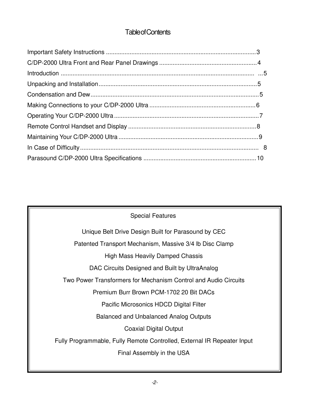 Parasound C/DP-2000 owner manual TableofContents 