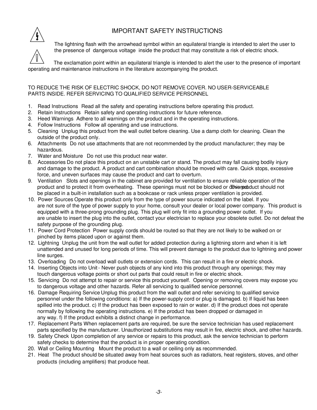 Parasound C/DP-2000 owner manual Important Safety Instructions 