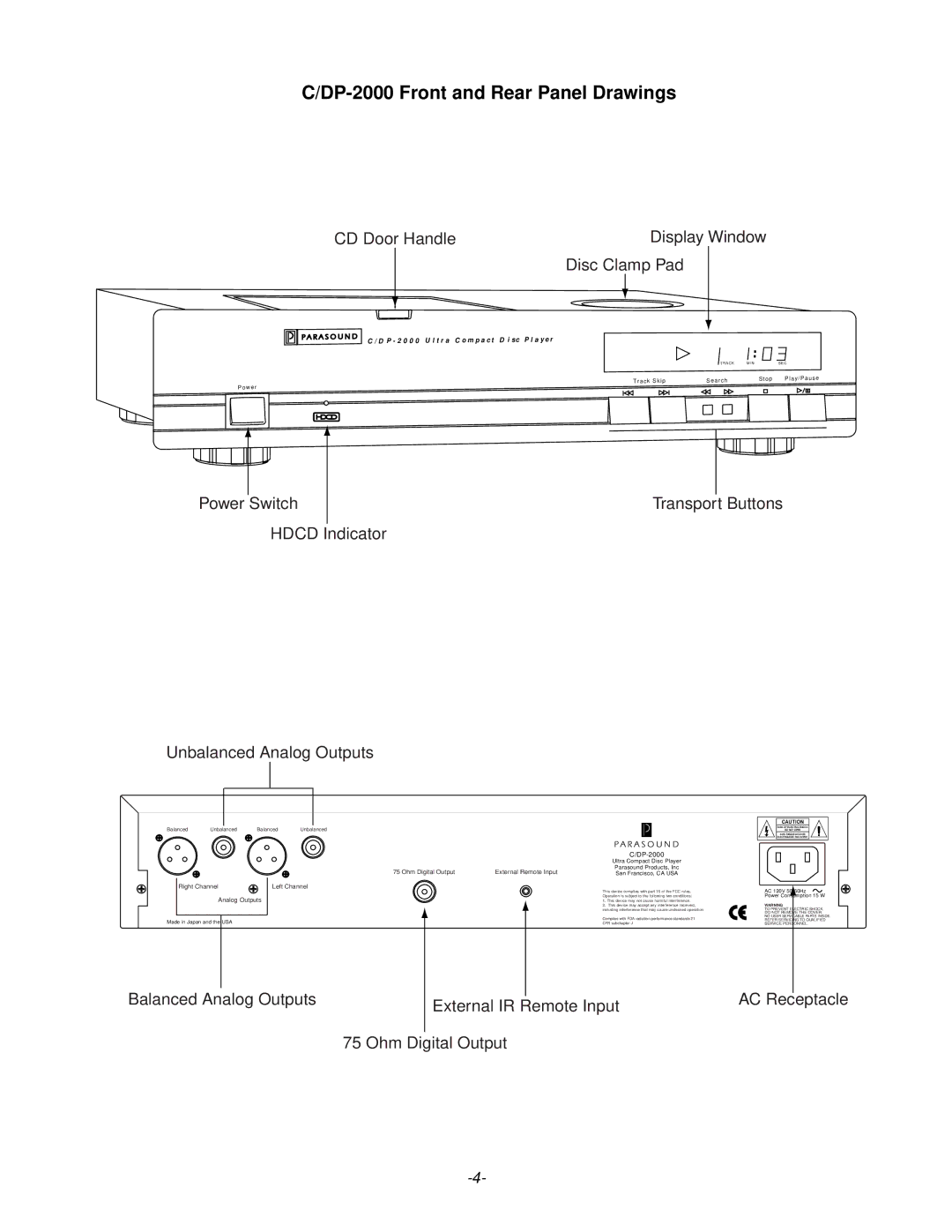 Parasound C/DP-2000 owner manual DP-2000 Front and Rear Panel Drawings, CD Door Handle Display Window Disc Clamp Pad 