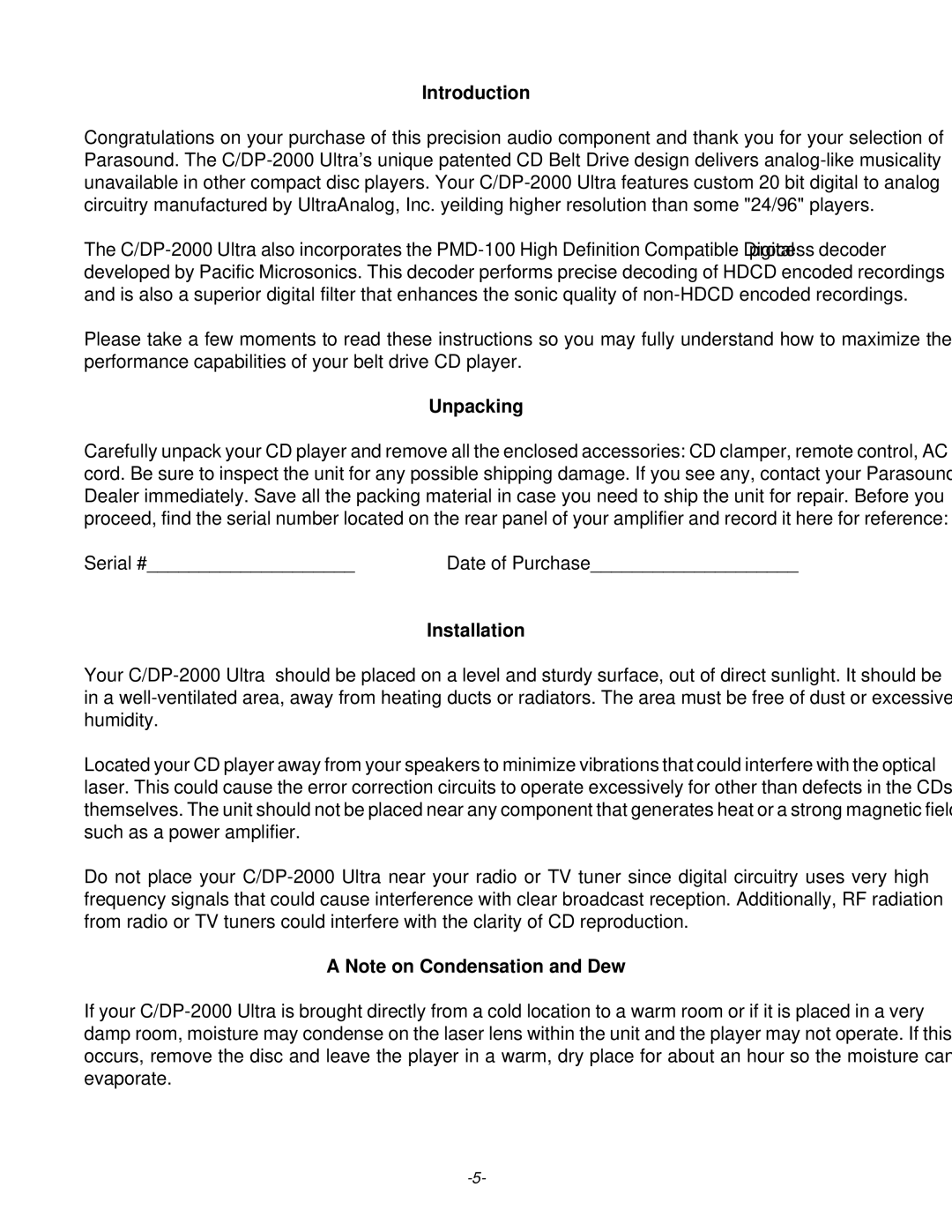 Parasound C/DP-2000 owner manual Unpacking, Installation 