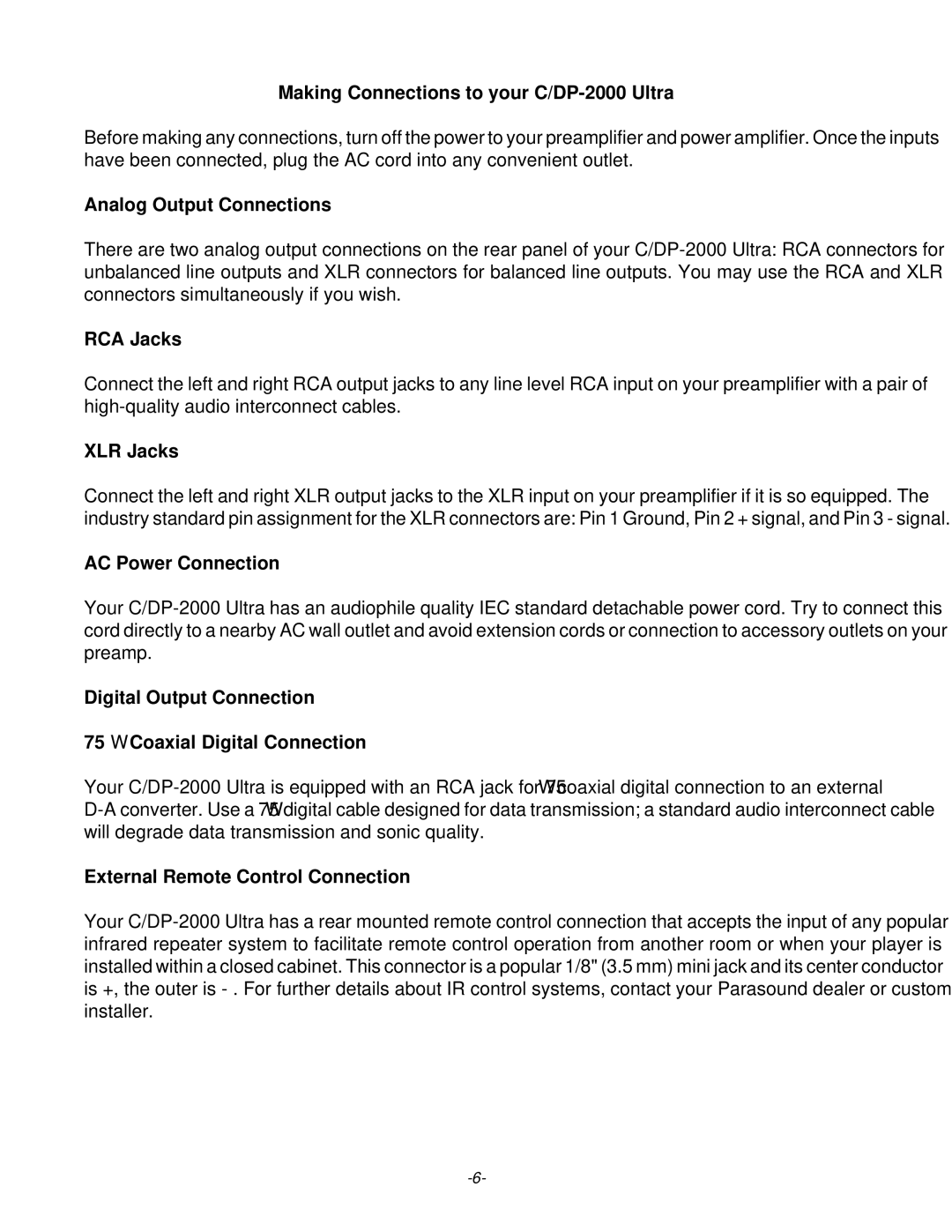 Parasound C/DP-2000 owner manual Analog Output Connections, RCA Jacks, XLR Jacks, AC Power Connection 