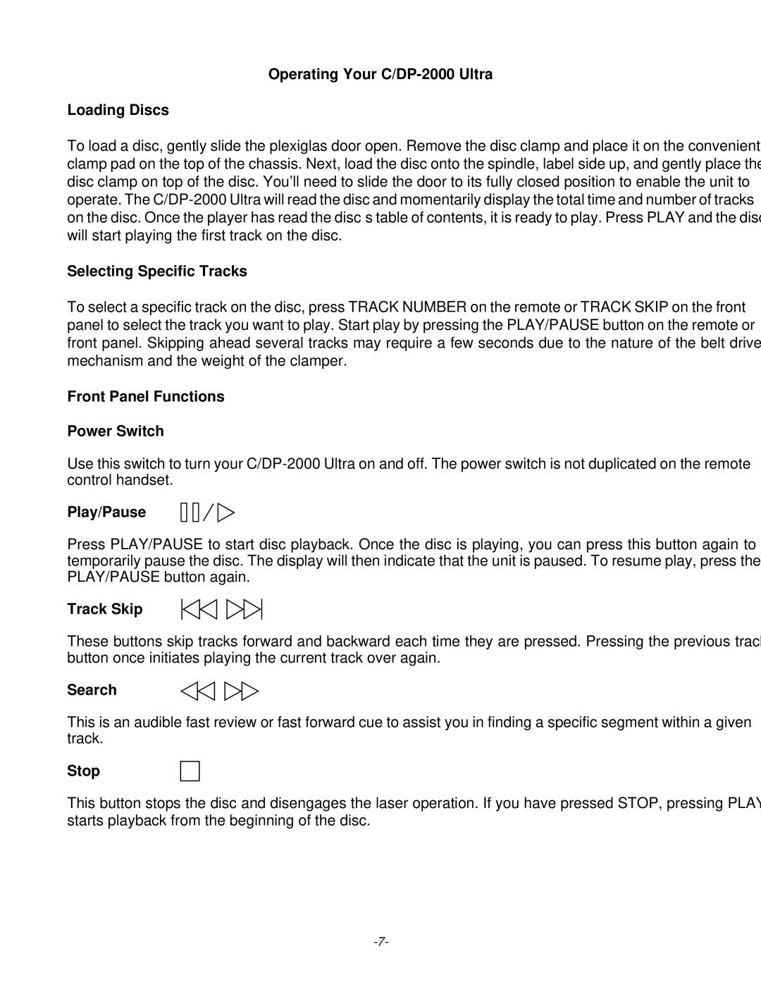 Parasound Operating Your C/DP-2000 Ultra Loading Discs, Selecting Specific Tracks, Front Panel Functions Power Switch 