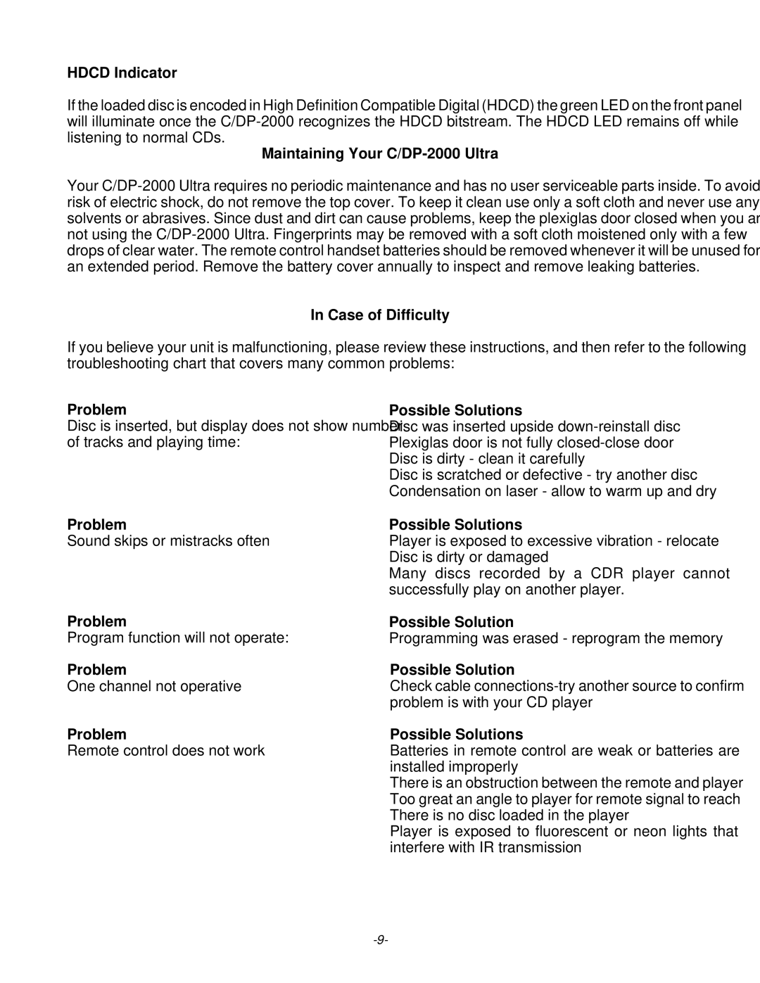 Parasound C/DP-2000 owner manual Hdcd Indicator, Problem Possible Solutions 