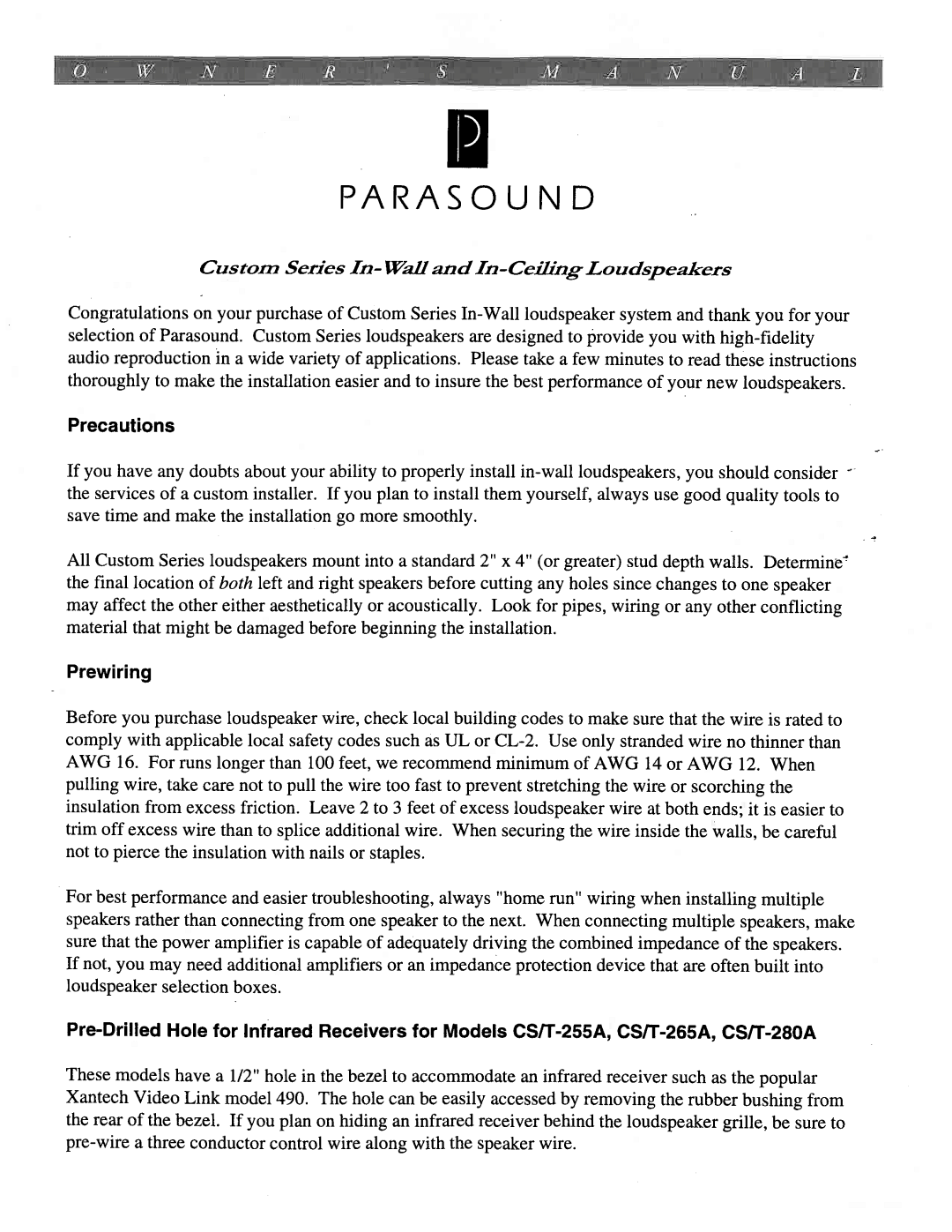 Parasound CS/T-265A, CS/T-280A, CS/T-255A manual 