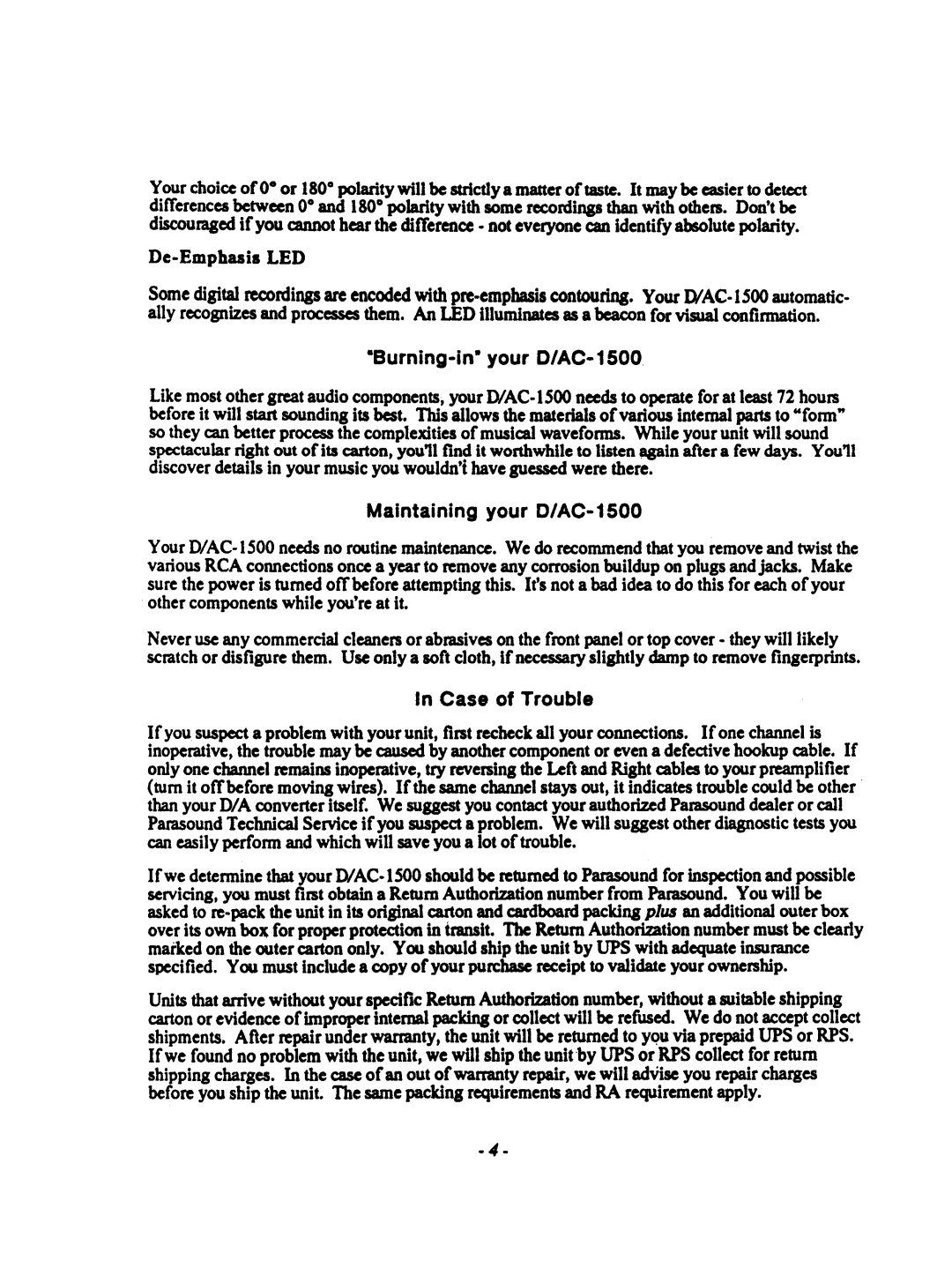 Parasound D / A C -1500 manual Burning-in- your D/AC-1500, Maintaining your D/AC-1500, De-Emphasis LED 