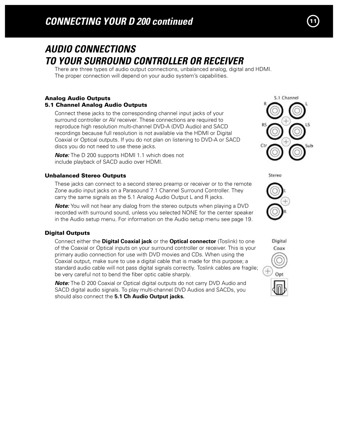 Parasound D 200 Audio Connections To Your Surround Controller or Receiver, Unbalanced Stereo Outputs, Digital Outputs 