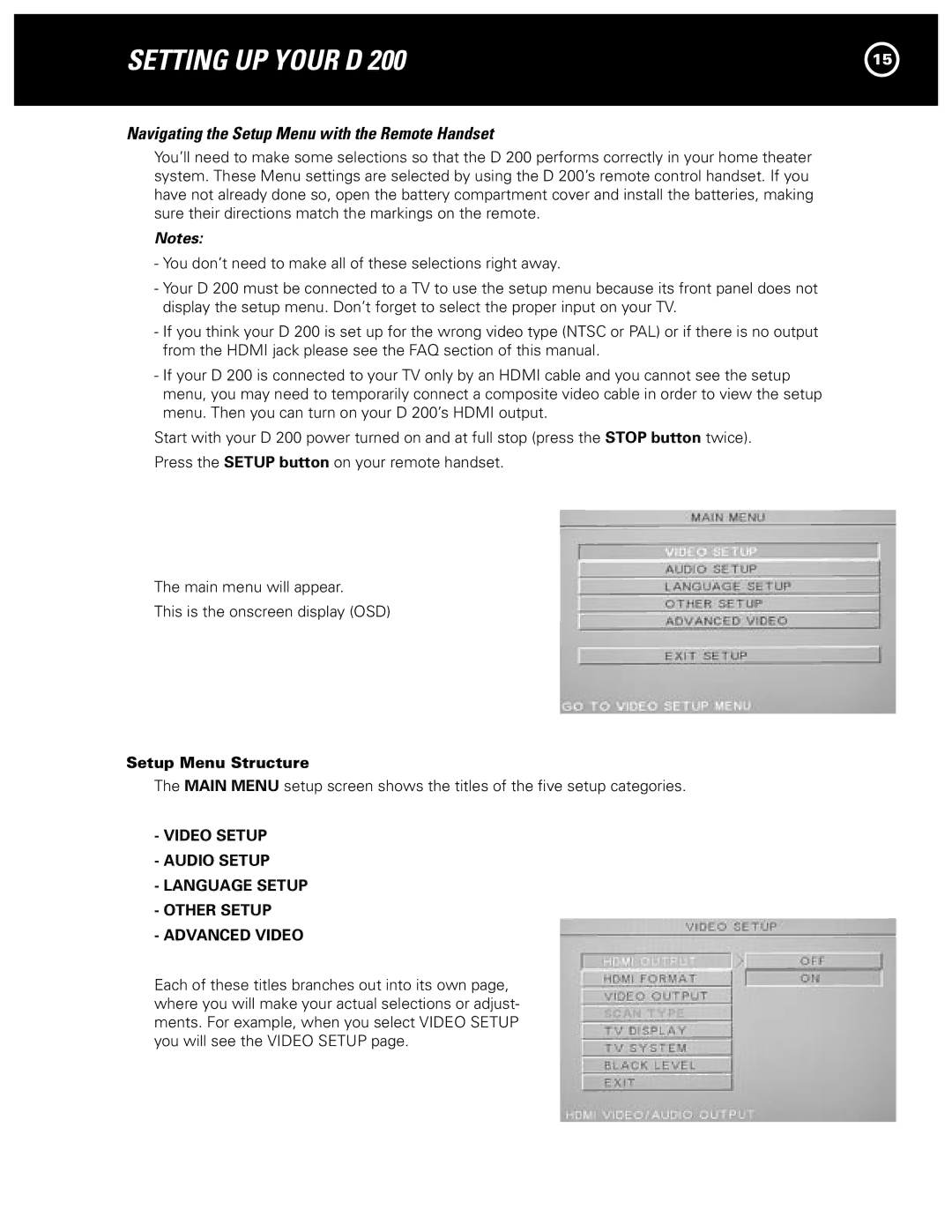 Parasound D 200 manual Setting UP Your D, Navigating the Setup Menu with the Remote Handset, Setup Menu Structure 