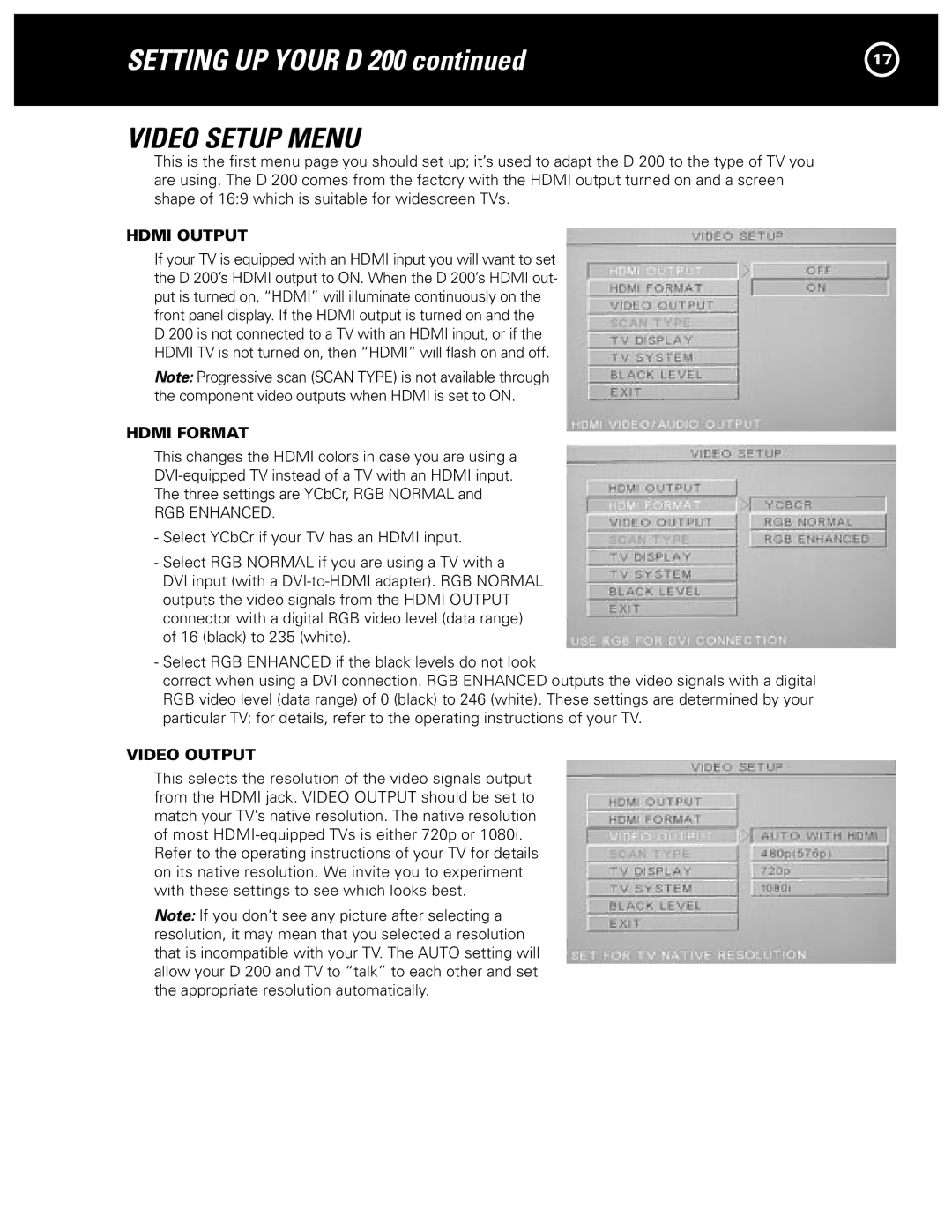 Parasound D 200 manual Video Setup Menu, Hdmi Output, Hdmi Format, Video Output 