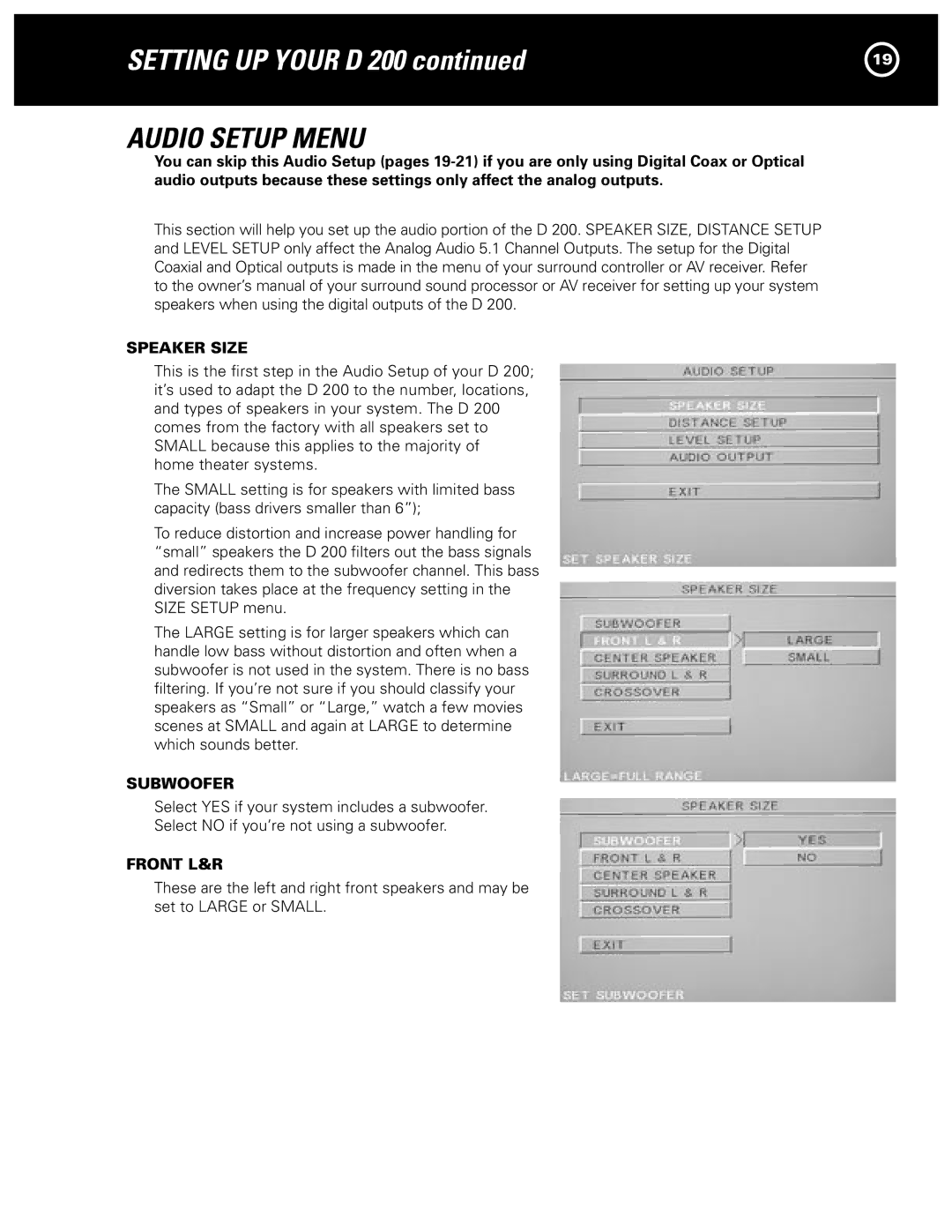 Parasound D 200 manual Audio Setup Menu, Speaker Size, Subwoofer, Front L&R 