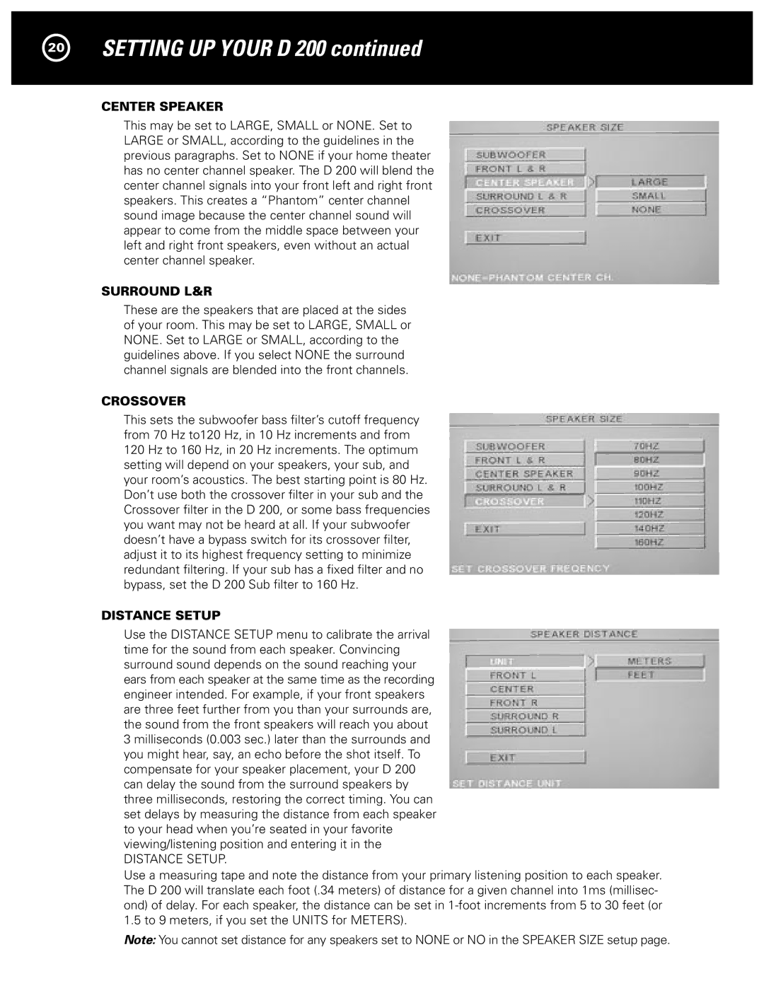 Parasound D 200 manual Center Speaker, Surround L&R, Crossover, Distance Setup 