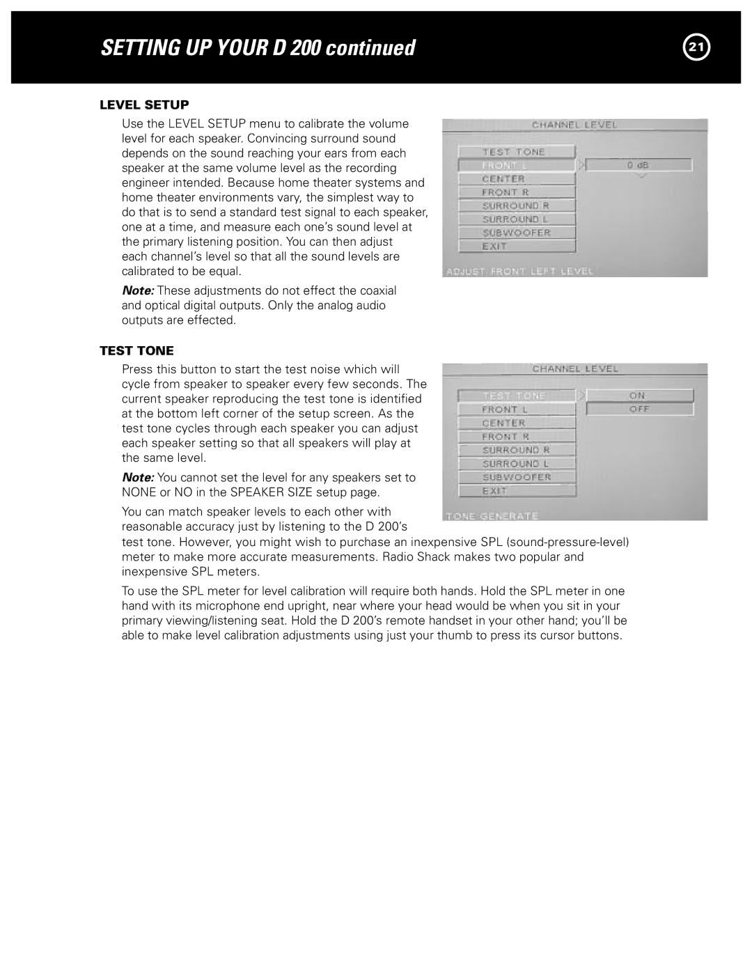 Parasound D 200 manual Level Setup, Test Tone 