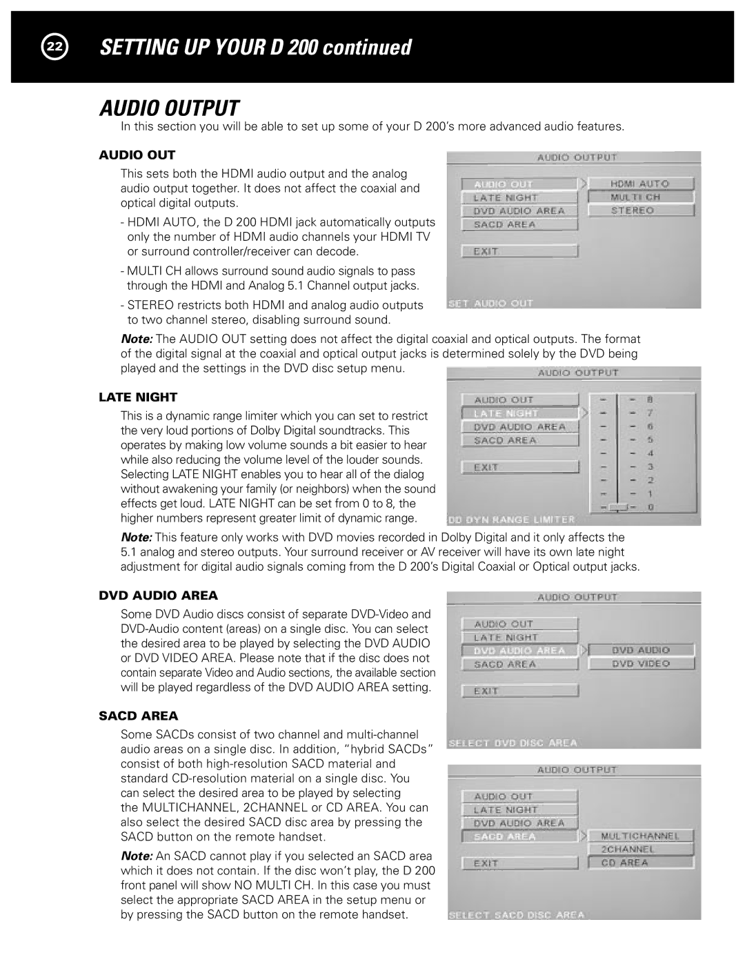 Parasound D 200 manual Audio Output, Audio OUT, Late Night, DVD Audio Area, Sacd Area 