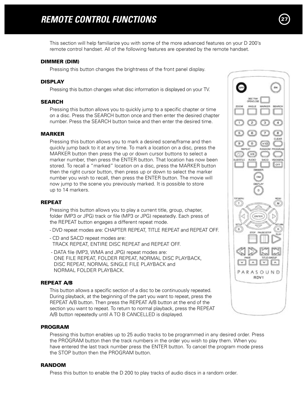 Parasound D 200 manual Remote Control Functions 