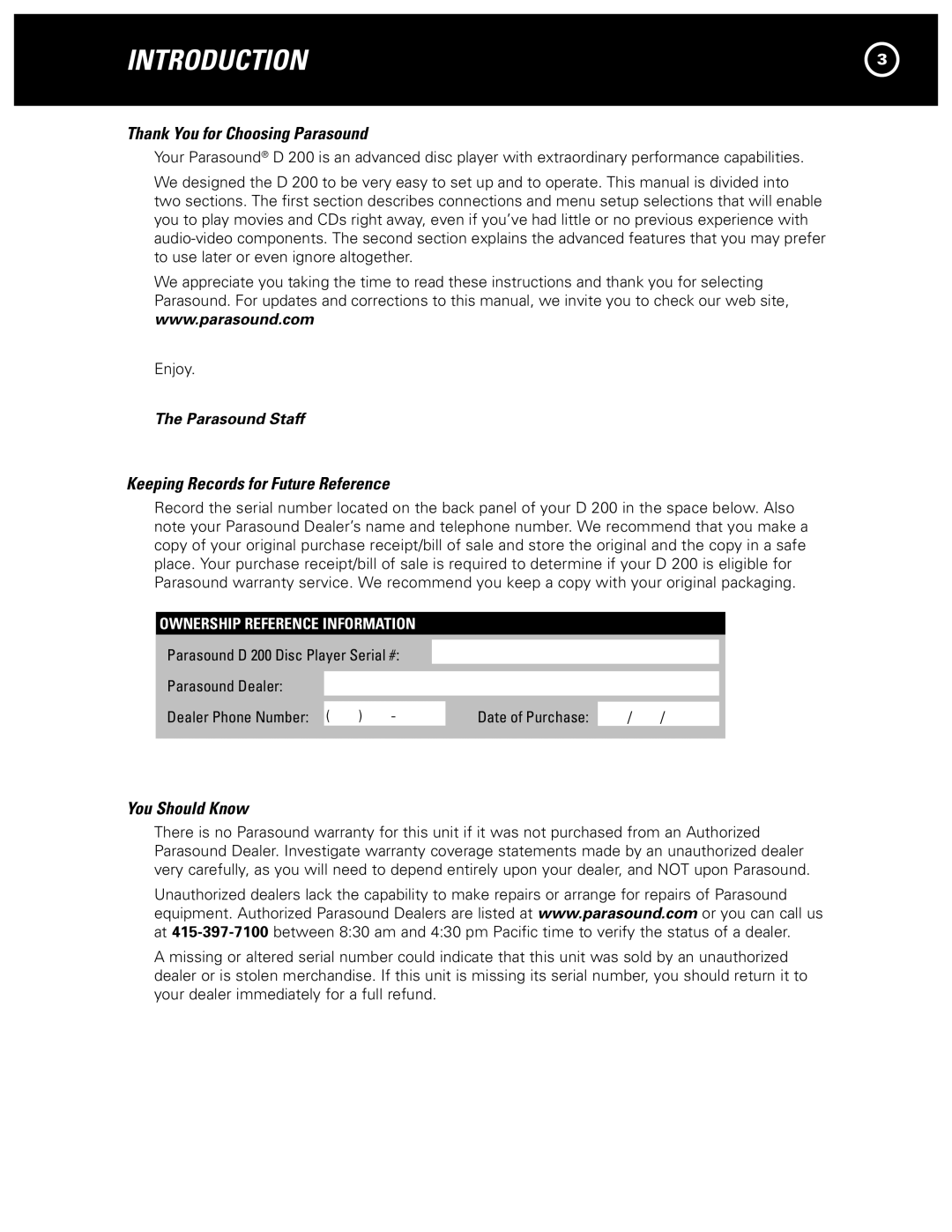 Parasound D 200 Introduction, Thank You for Choosing Parasound, Keeping Records for Future Reference, You Should Know 