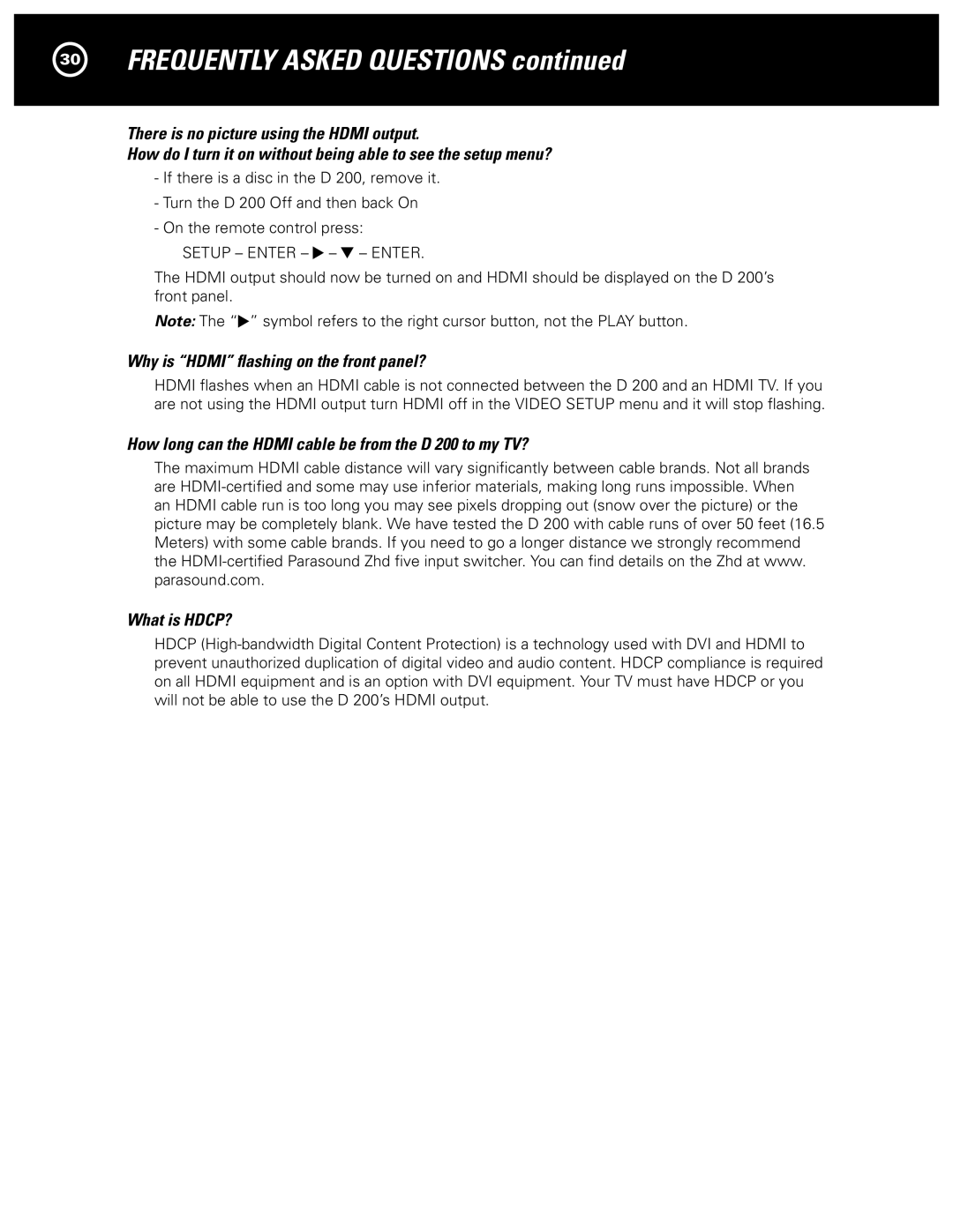 Parasound D 200 manual Frequently Asked Questions, Why is Hdmi ﬂashing on the front panel? 