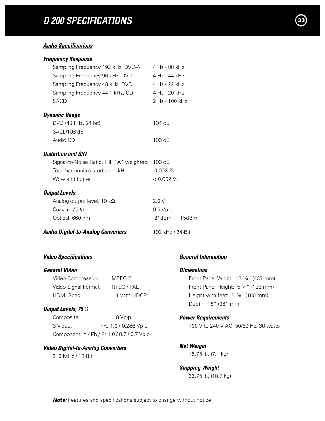 Parasound D 200 manual Specifications 