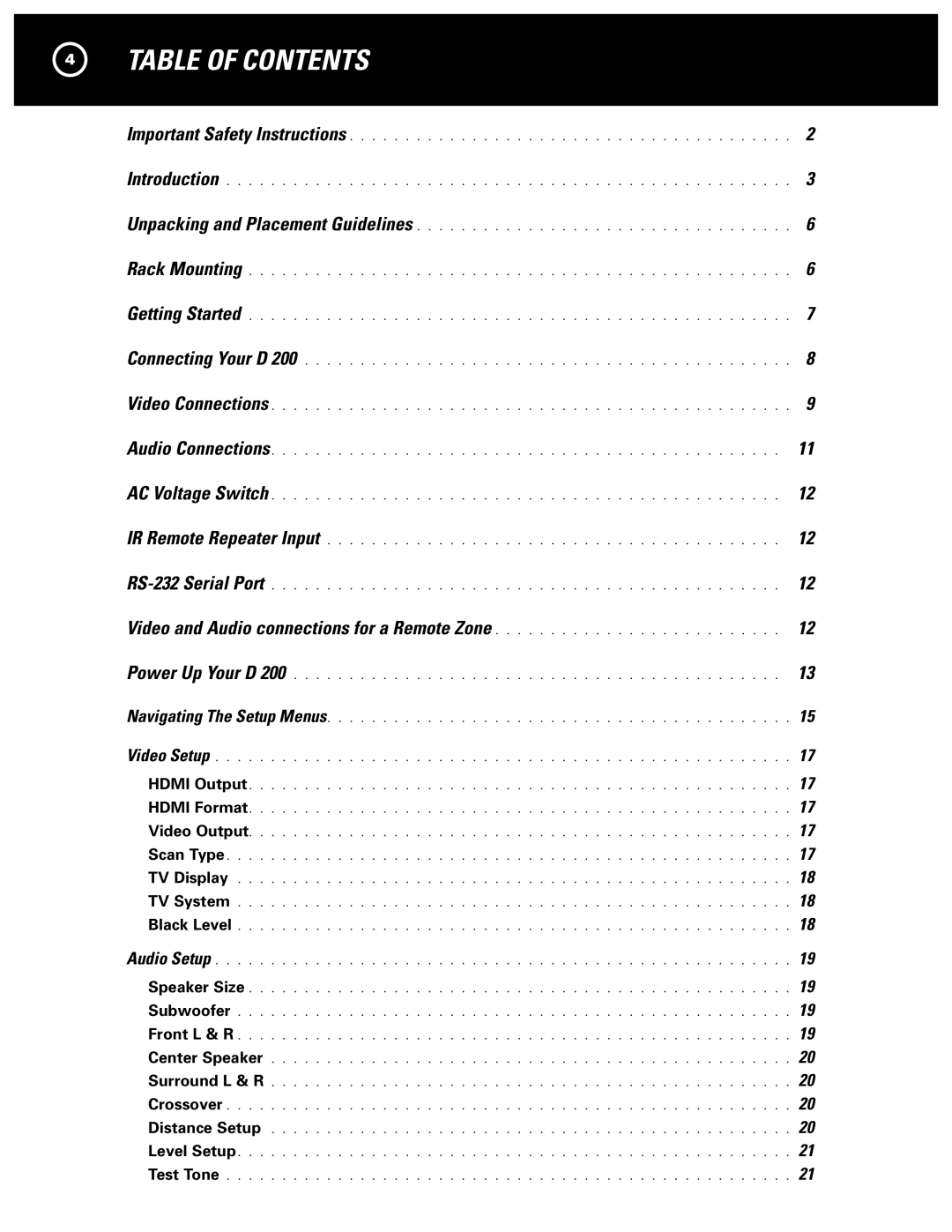 Parasound D 200 manual Table of Contents 