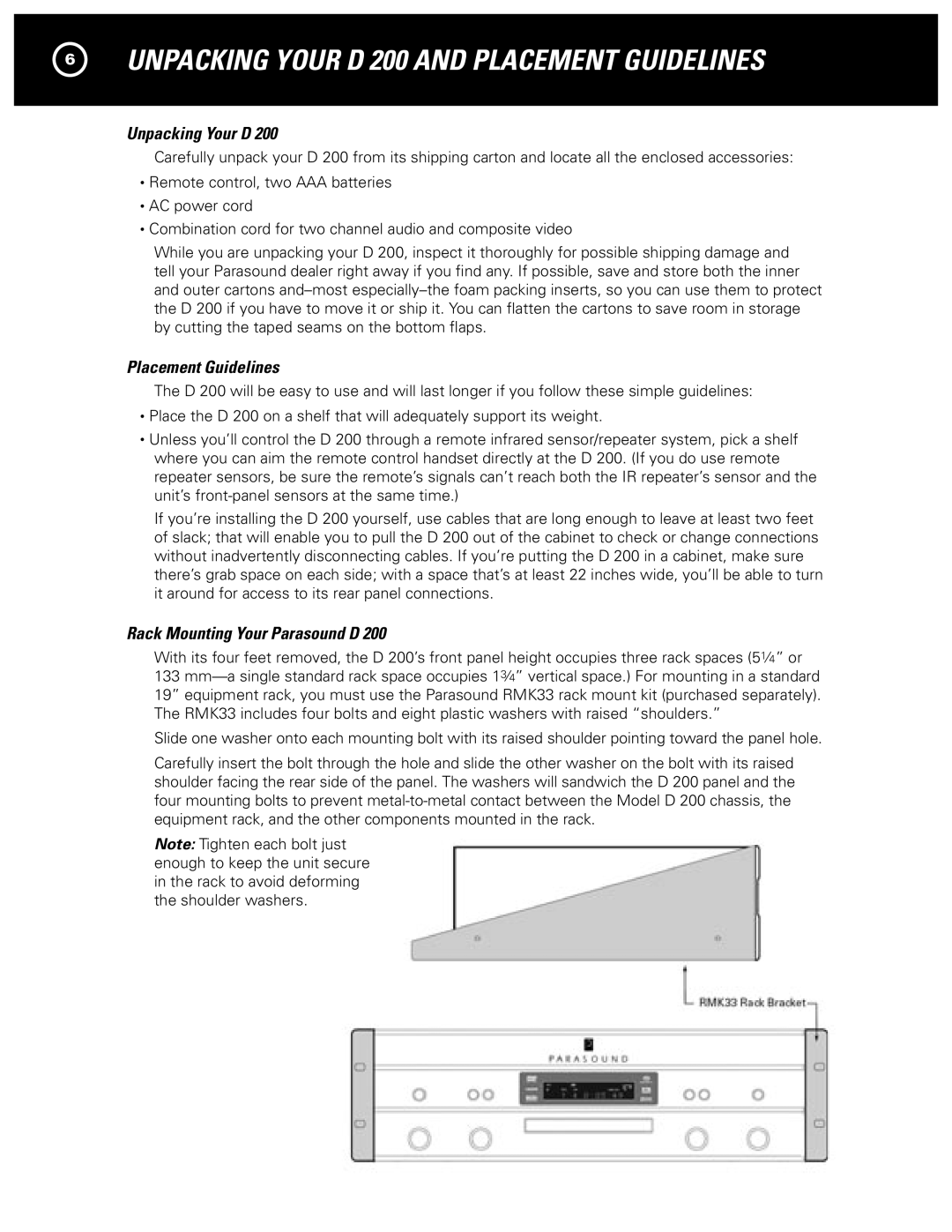 Parasound manual Unpacking Your D 200 and Placement Guidelines, Rack Mounting Your Parasound D 