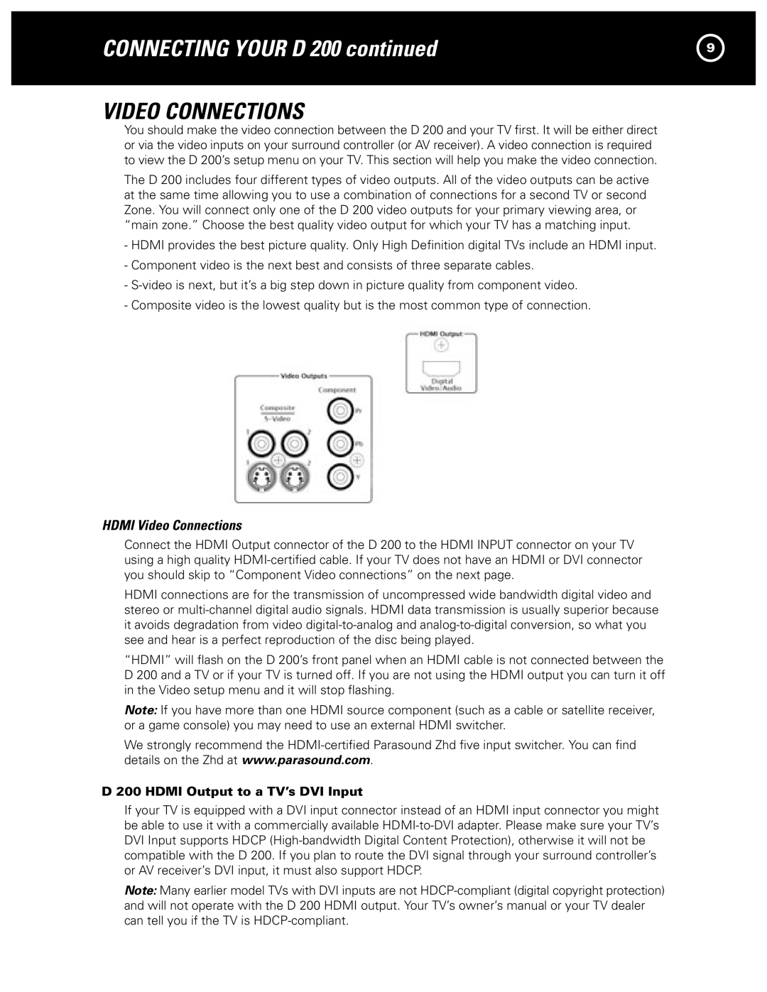 Parasound D 200 manual Hdmi Video Connections, Hdmi Output to a TV’s DVI Input 