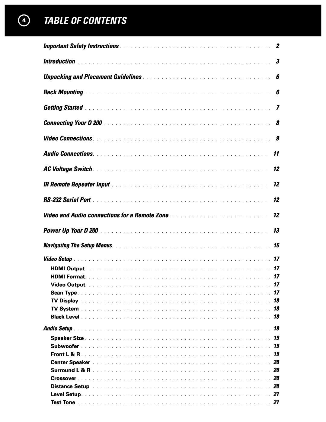 Parasound D 200 manual Table Of Contents 