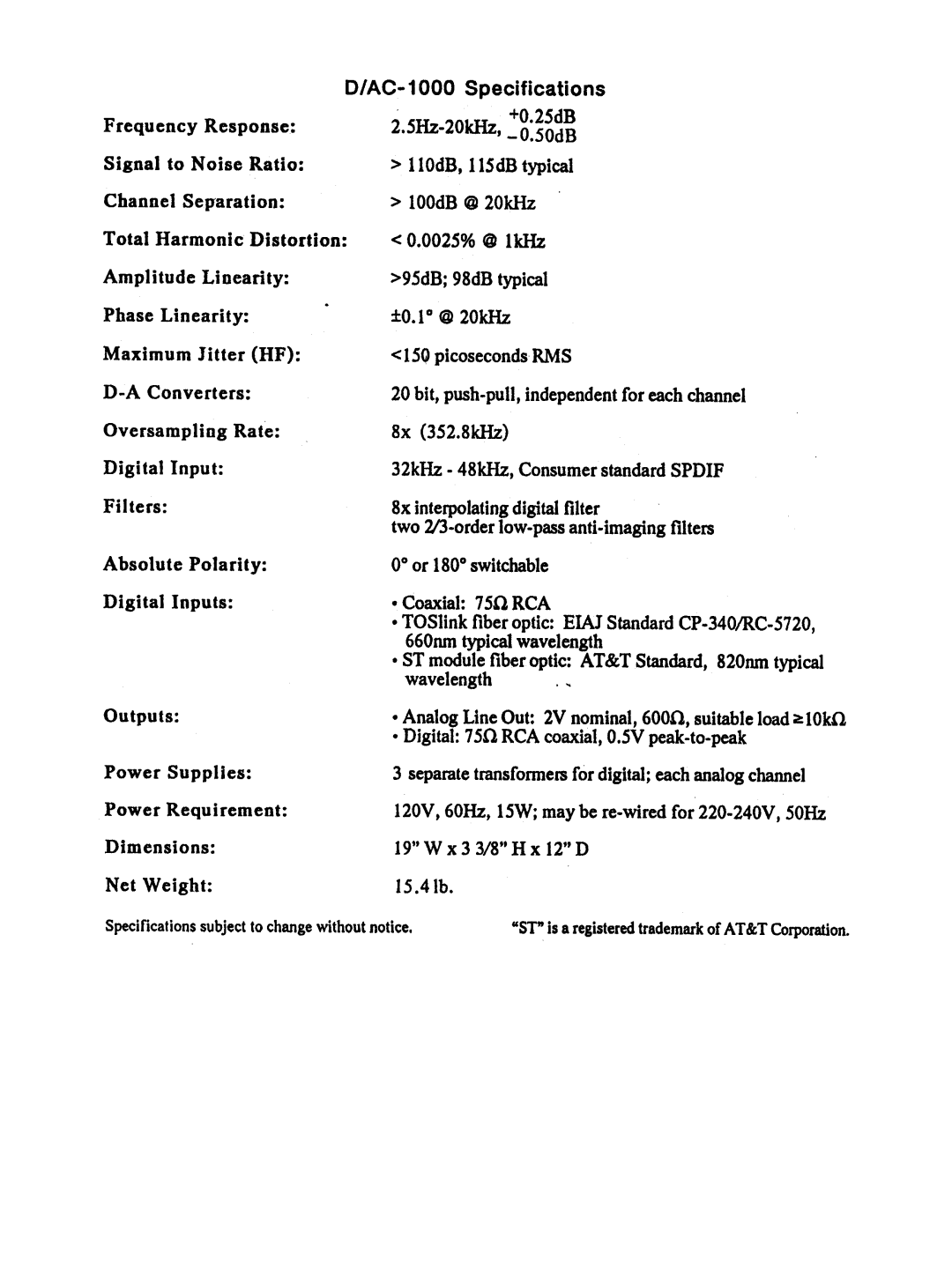 Parasound D/AC-1000 manual AC-1000 Specifications, 20bit, push-pull,independentfor eachchannel 8x 352.8kHz, Coaxial 750,RCA 