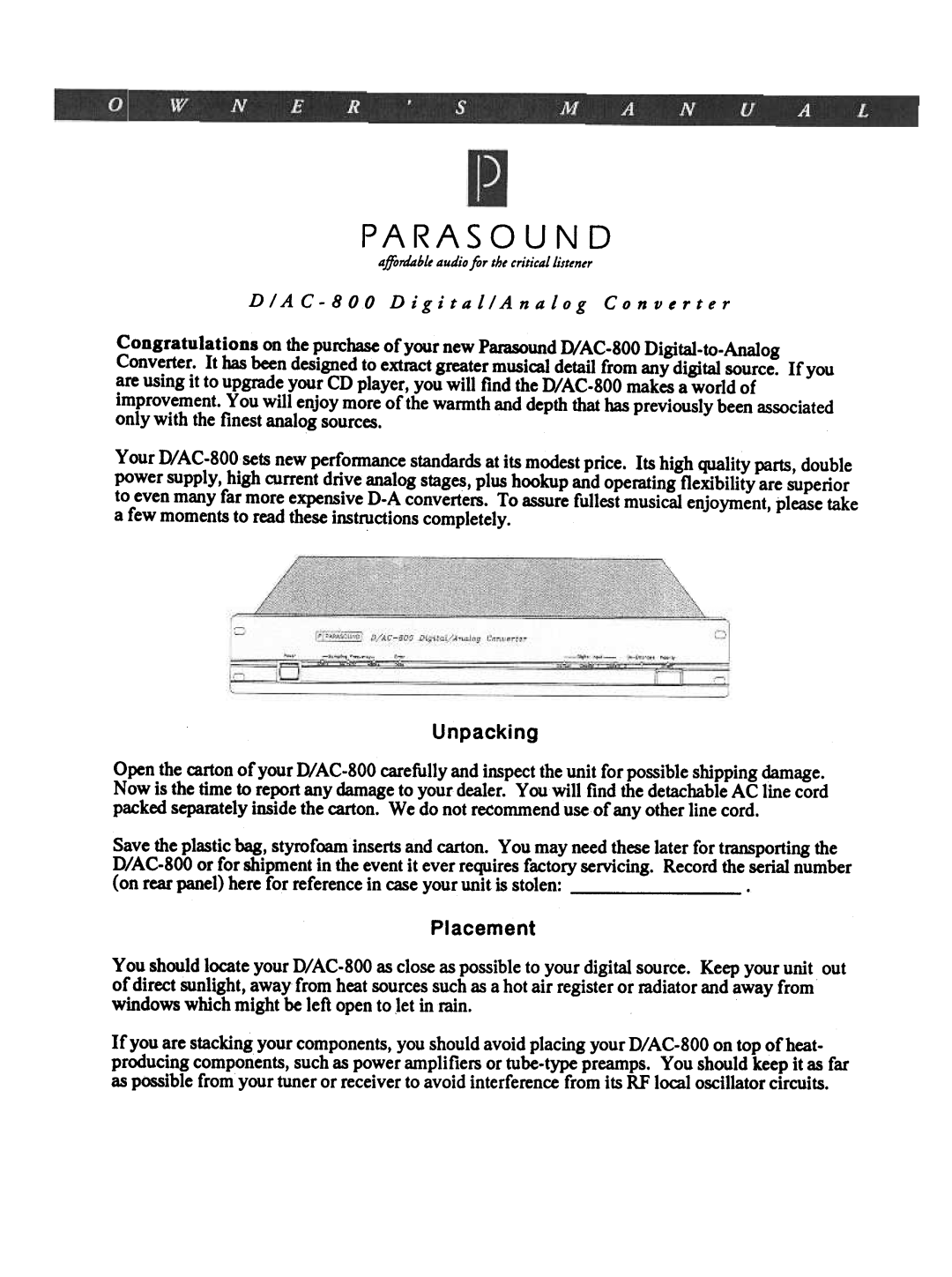 Parasound D/AC-800 manual Placement, AC-800Digital/AnalogConverter 