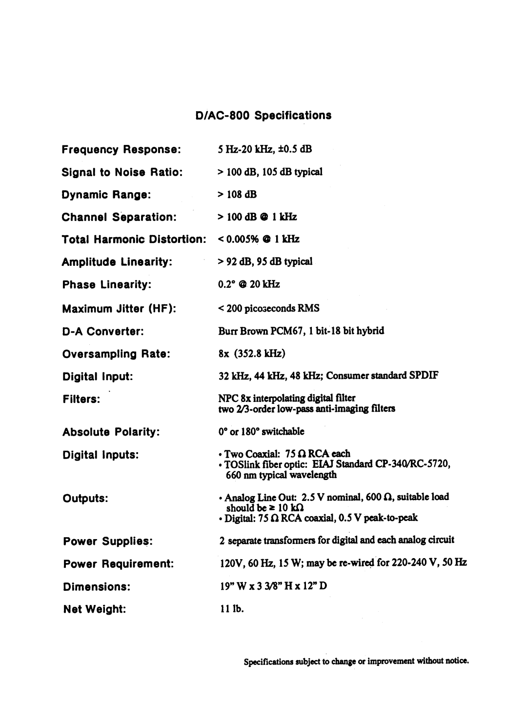 Parasound D/AC-800 manual AC-800 Specifications, Dimensions, Net Weight, Pclwer Supplies, Power Requirement 