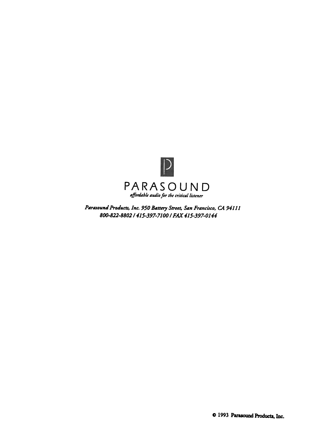 Parasound D/AC-800 manual C 1993 ParasoundProducts,Inc, affordableaudiofortht criticallistmtr 