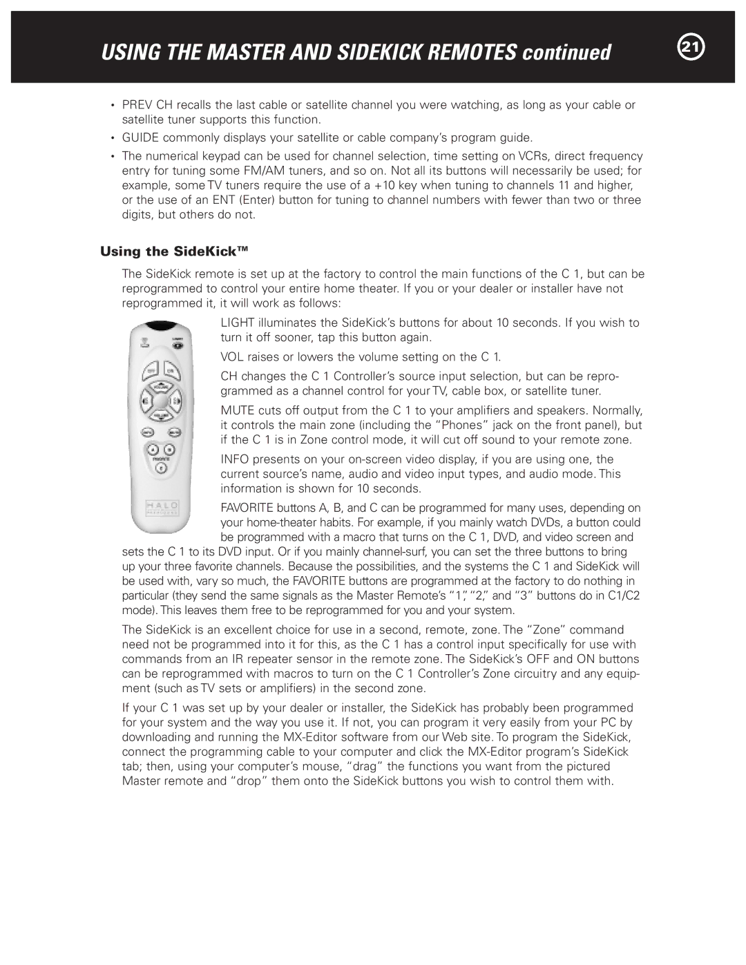 Parasound Halo C1 Controller manual Using the SideKick 