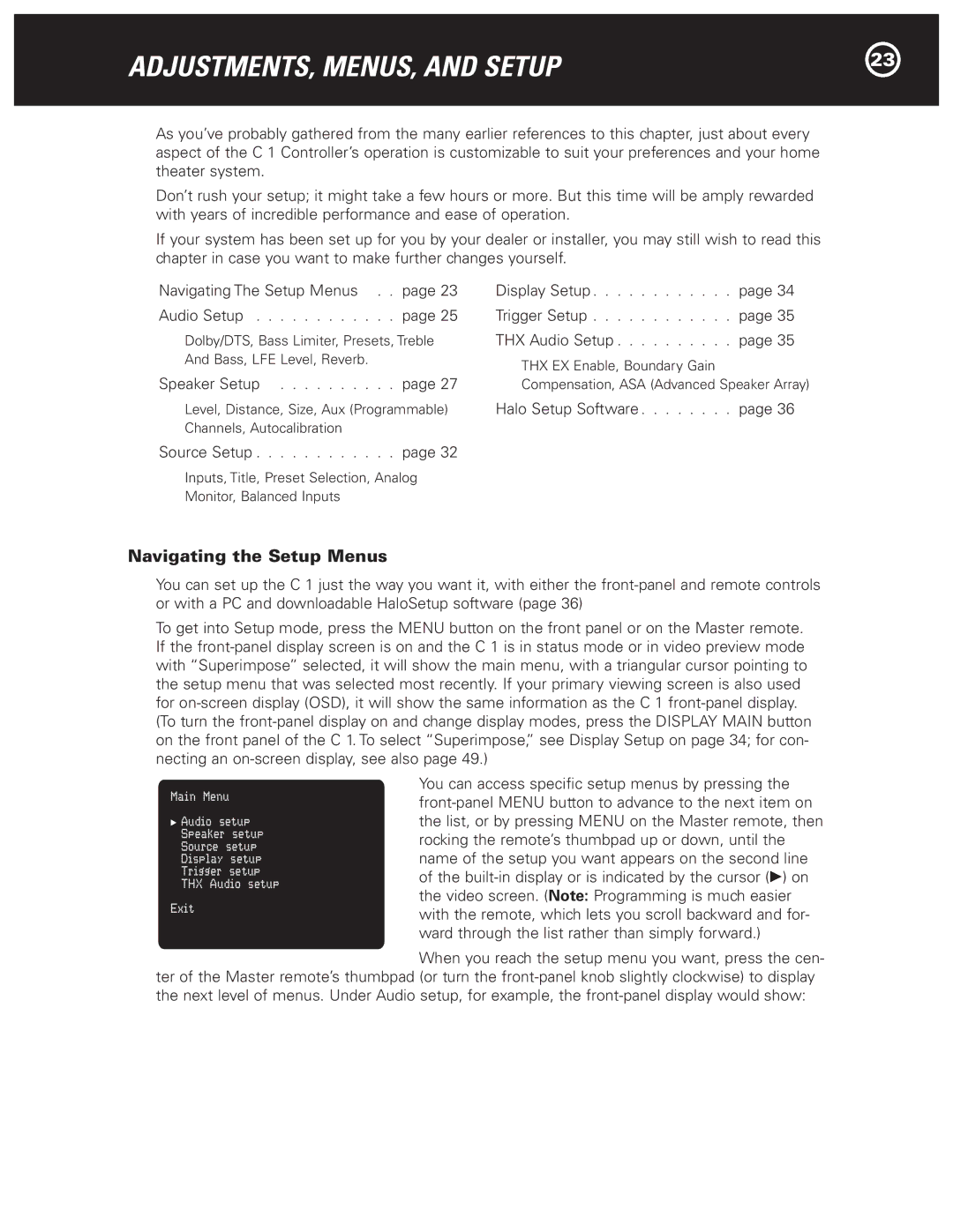 Parasound Halo C1 Controller manual ADJUSTMENTS, MENUS, and Setup, Navigating the Setup Menus 